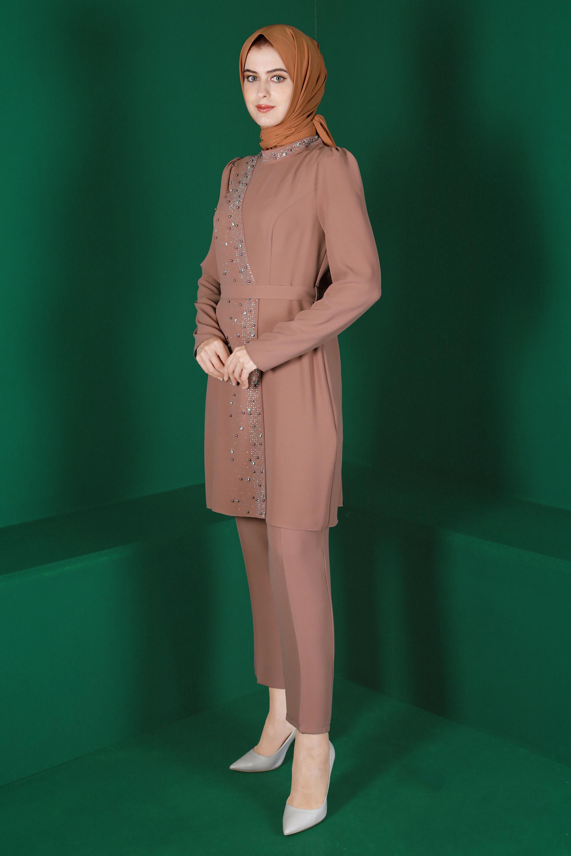 Tesettür giyim KAHVE KEMERLİ PANTOLONLU TAKIM 30271