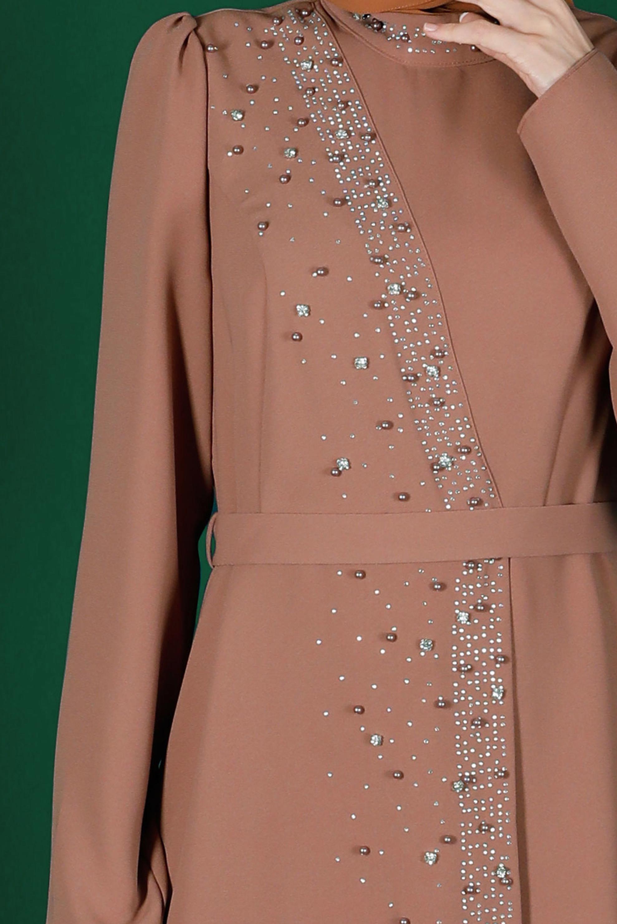 Tesettür giyim KAHVE KEMERLİ PANTOLONLU TAKIM 30271