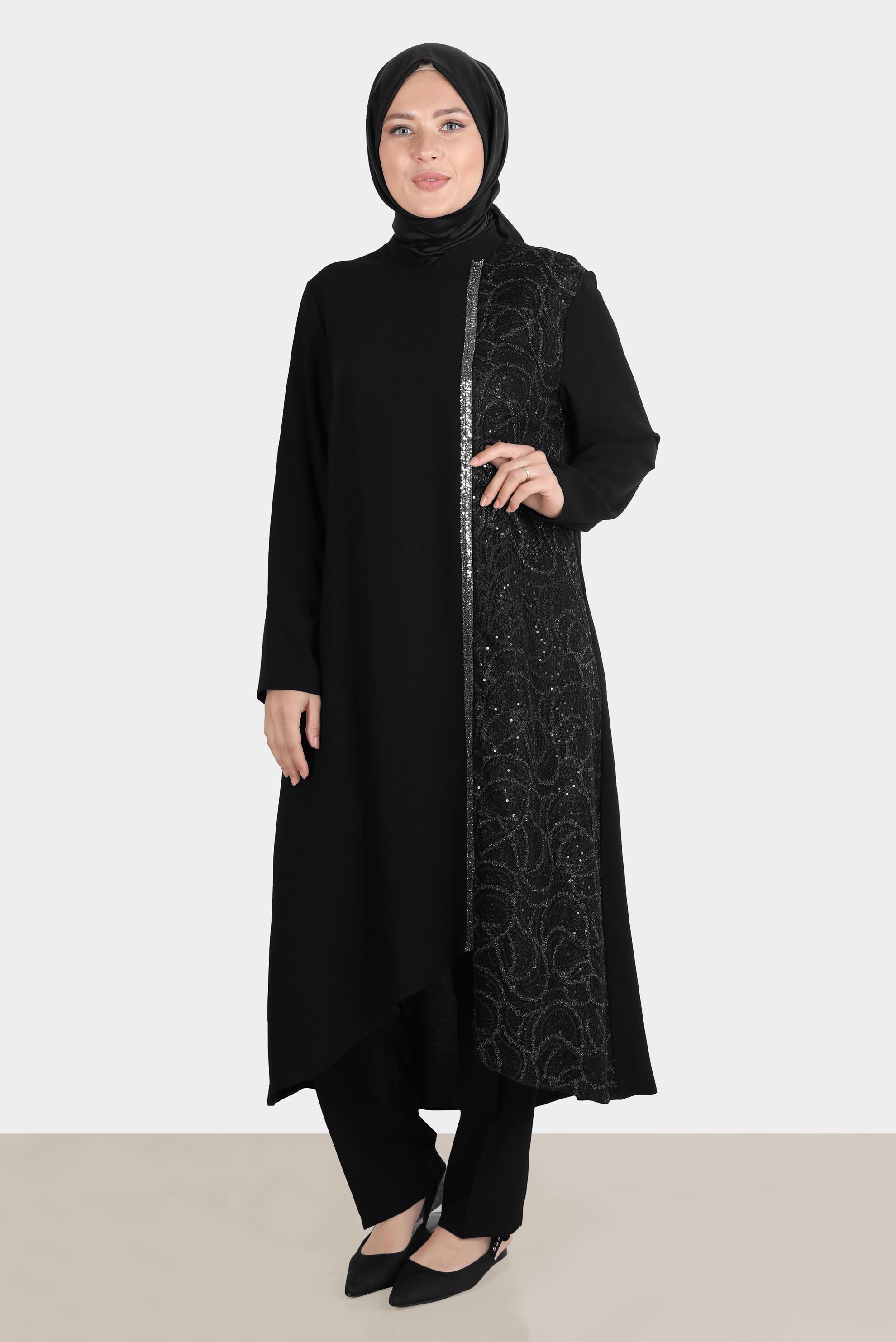 Tesettür giyim SİYAH TAŞ ŞERİT DETAYLI GÜPÜRLÜ İKİLİ PANT. TAKIM 30274 