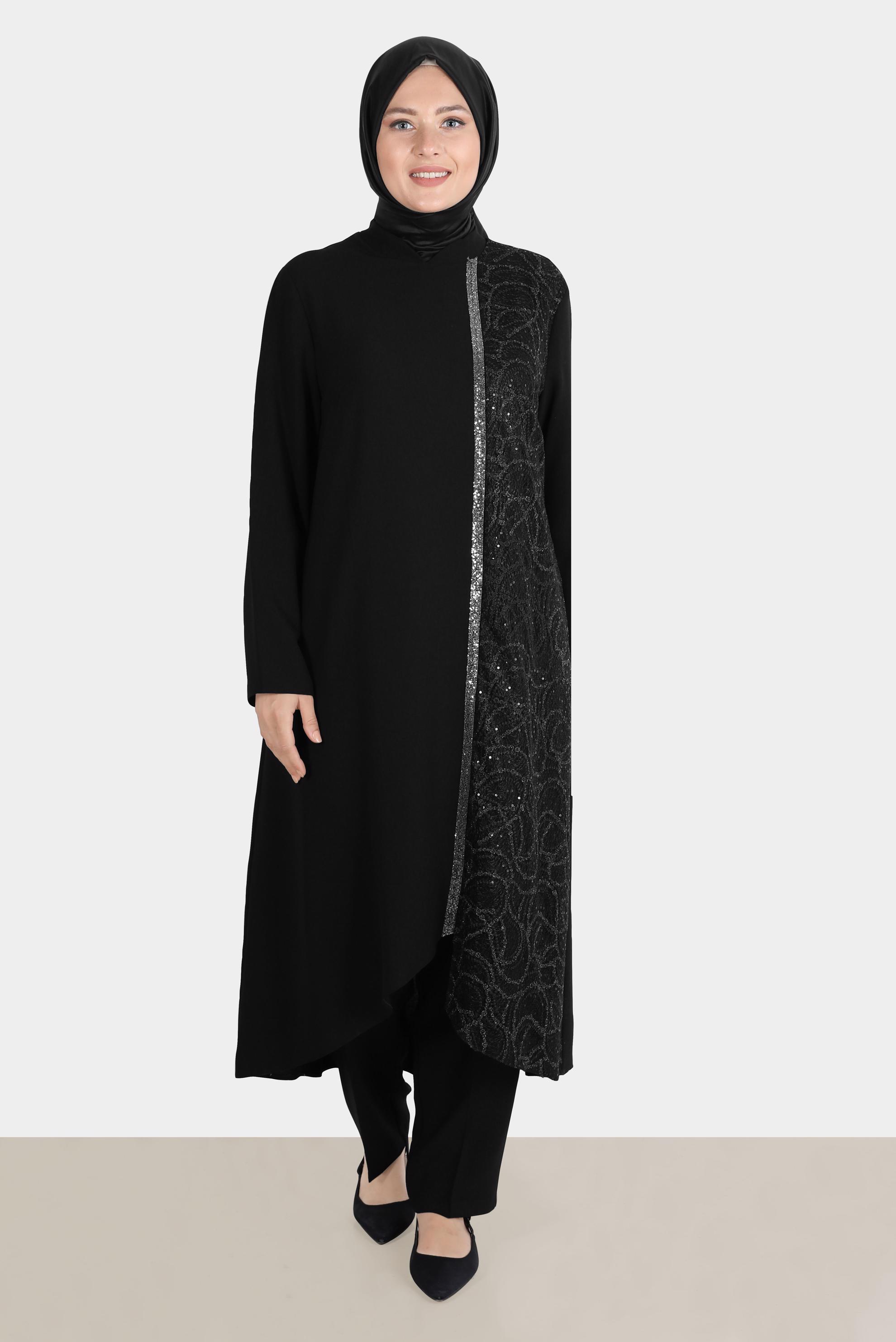 Tesettür giyim SİYAH TAŞ ŞERİT DETAYLI GÜPÜRLÜ İKİLİ PANT. TAKIM 30274 