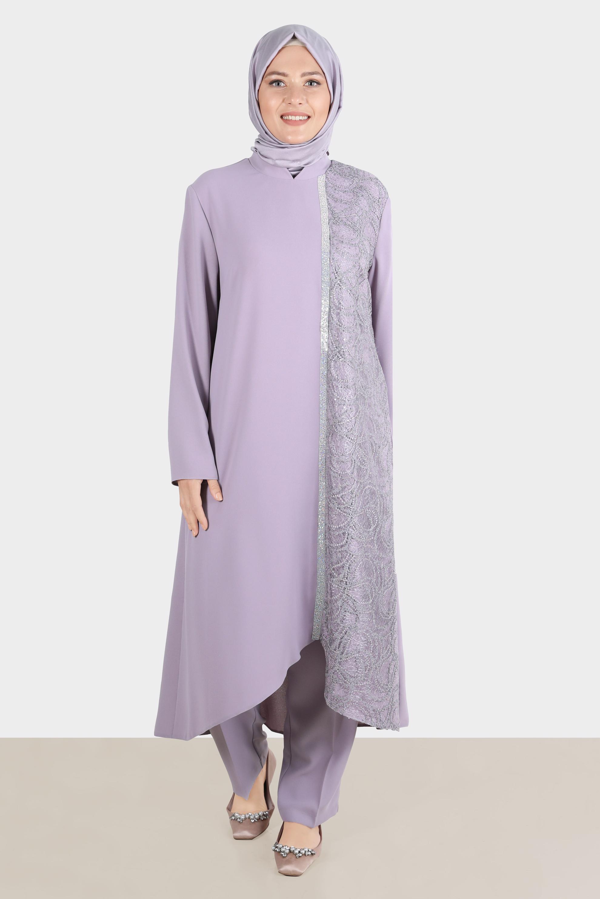 Tesettür giyim MOR TAŞ ŞERİT DETAYLI GÜPÜRLÜ İKİLİ PANT. TAKIM 30274 