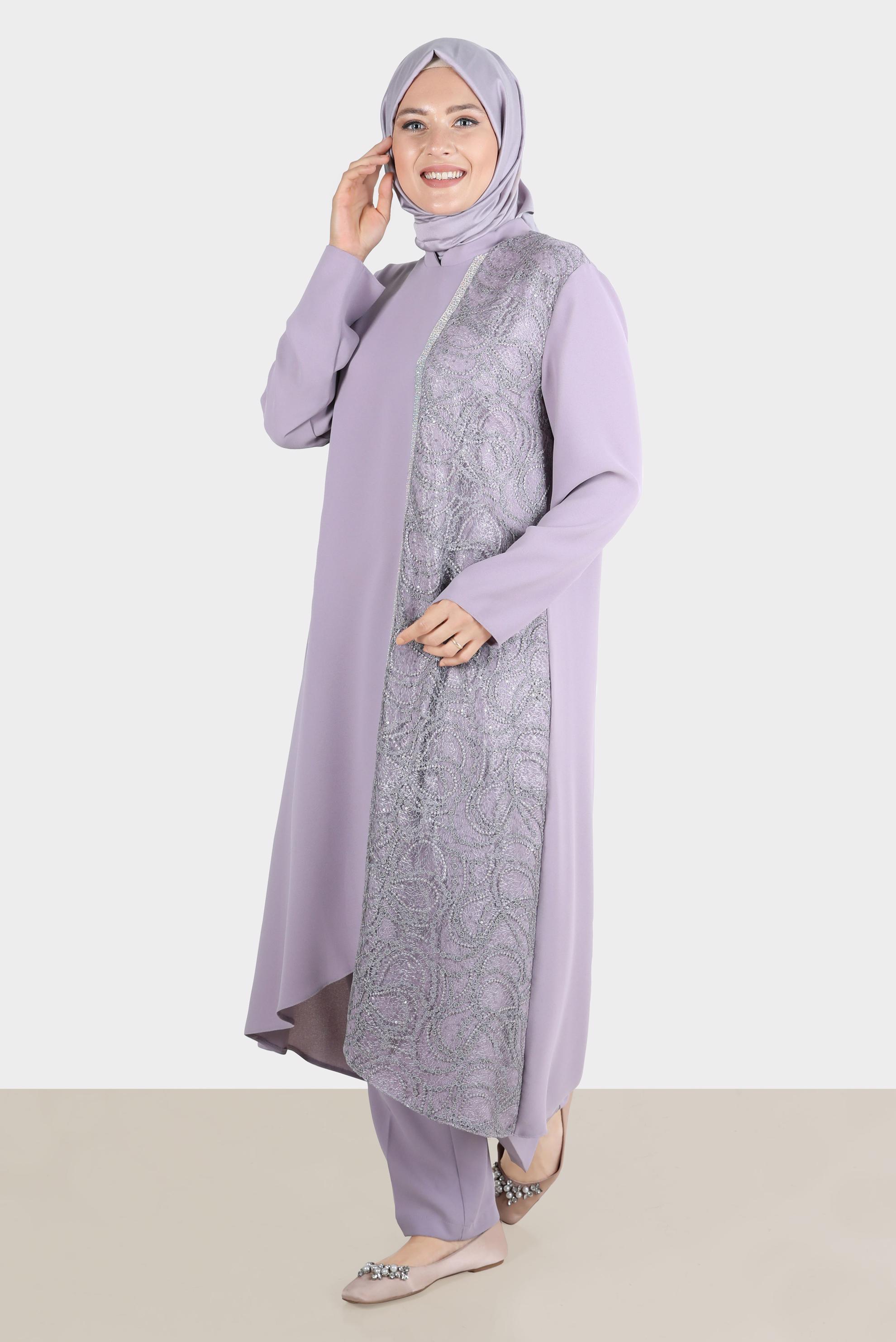 Tesettür giyim MOR TAŞ ŞERİT DETAYLI GÜPÜRLÜ İKİLİ PANT. TAKIM 30274 