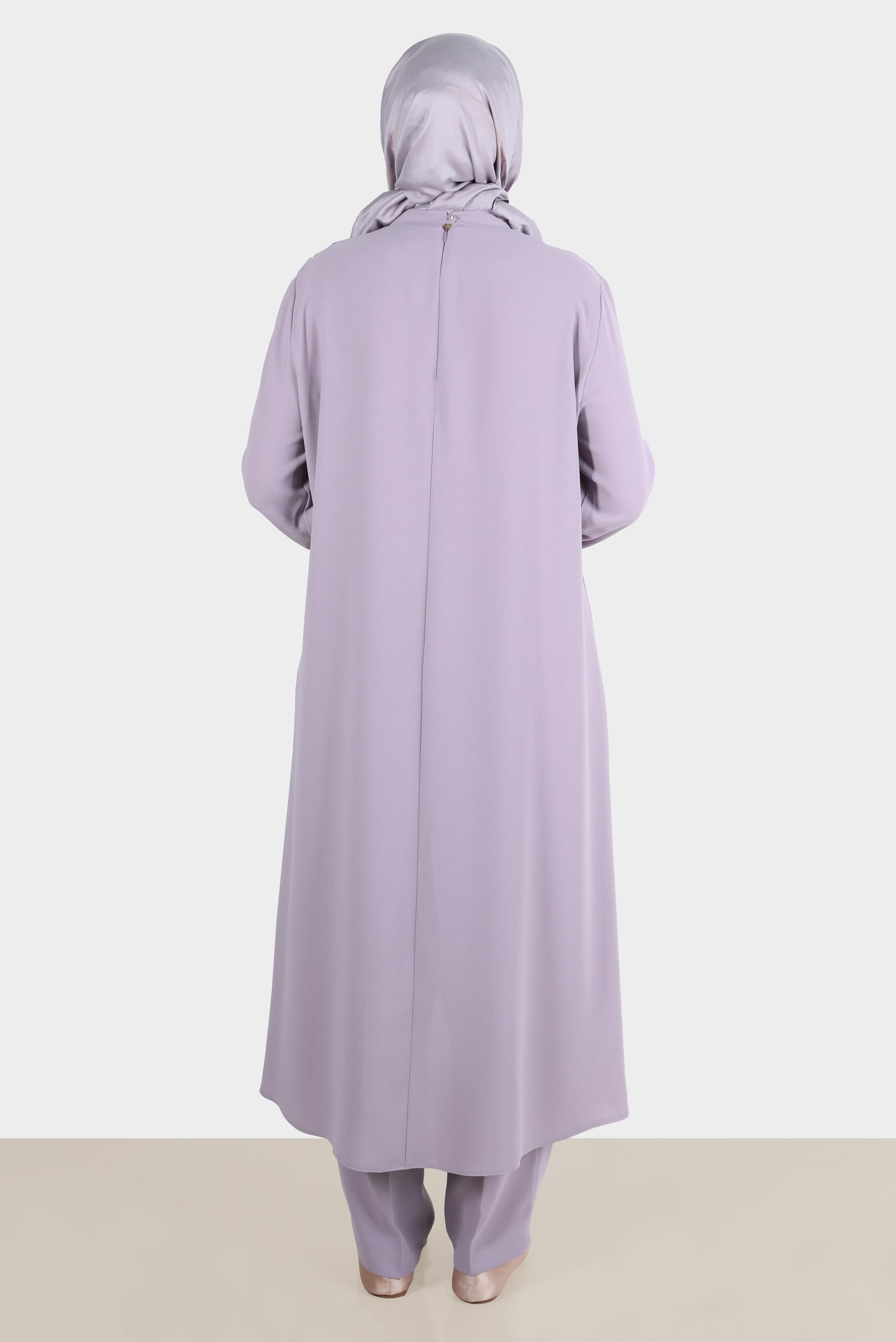 Tesettür giyim MOR TAŞ ŞERİT DETAYLI GÜPÜRLÜ İKİLİ PANT. TAKIM 30274 