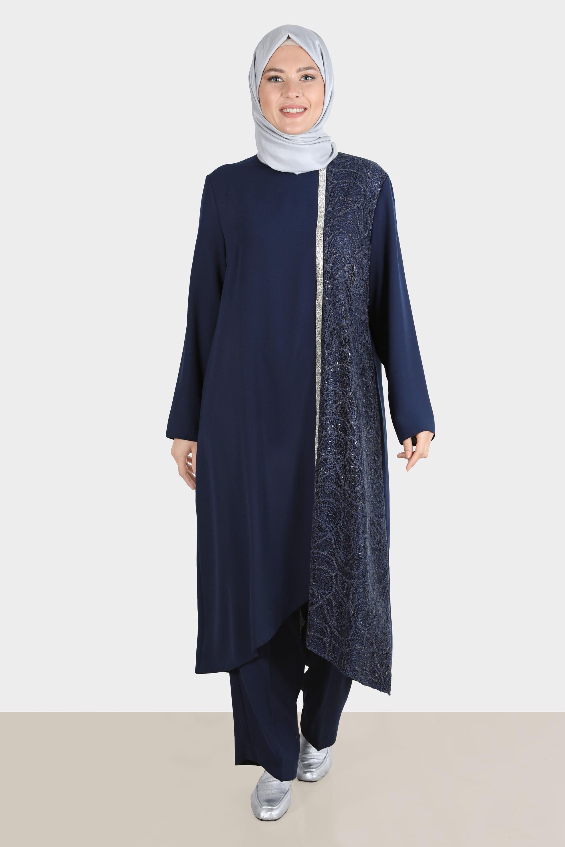 Tesettür giyim LACİVERT TAŞ ŞERİT DETAYLI GÜPÜRLÜ İKİLİ PANT. TAKIM 30274 