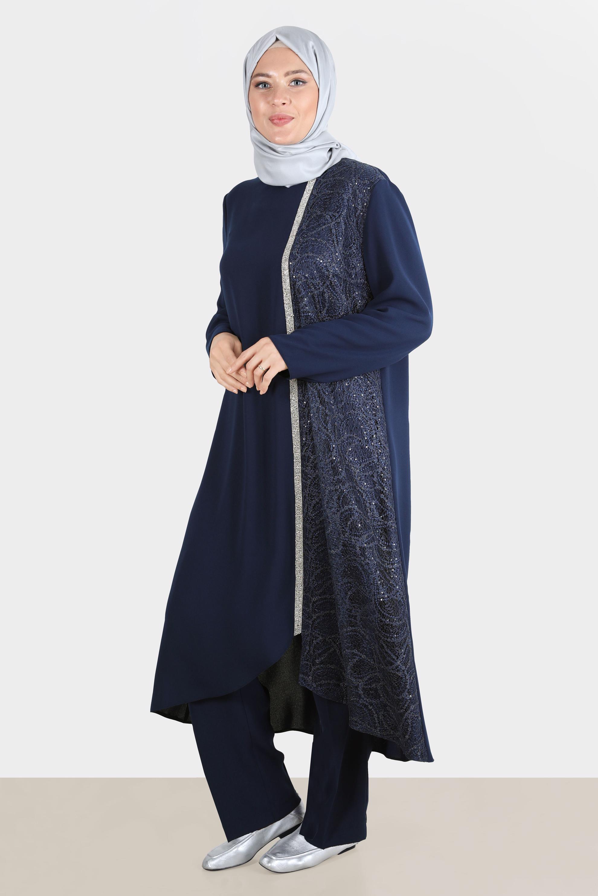 Tesettür giyim LACİVERT TAŞ ŞERİT DETAYLI GÜPÜRLÜ İKİLİ PANT. TAKIM 30274 