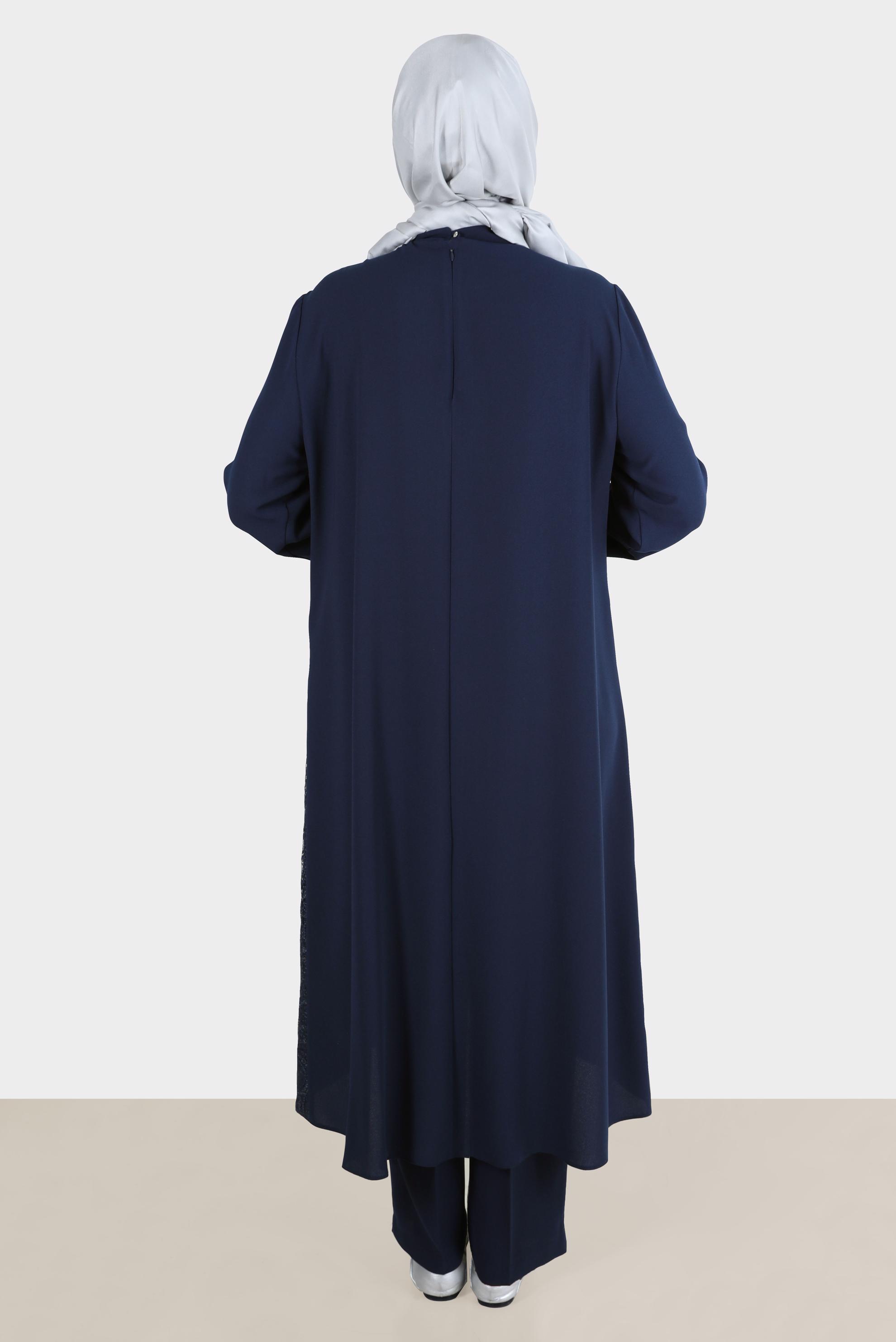 Tesettür giyim LACİVERT TAŞ ŞERİT DETAYLI GÜPÜRLÜ İKİLİ PANT. TAKIM 30274 