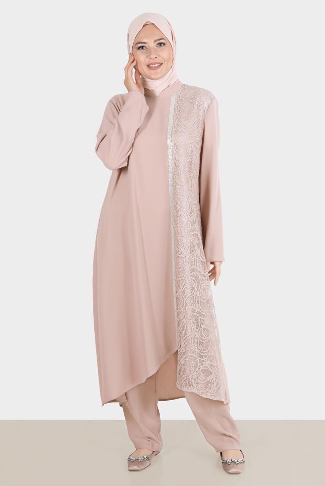 Vêtements hijab POUDRE ENSEMBLE PANTALON 2 PIÈCES GUIPURÉ RAYÉ GEM 30274 - ALVİNA