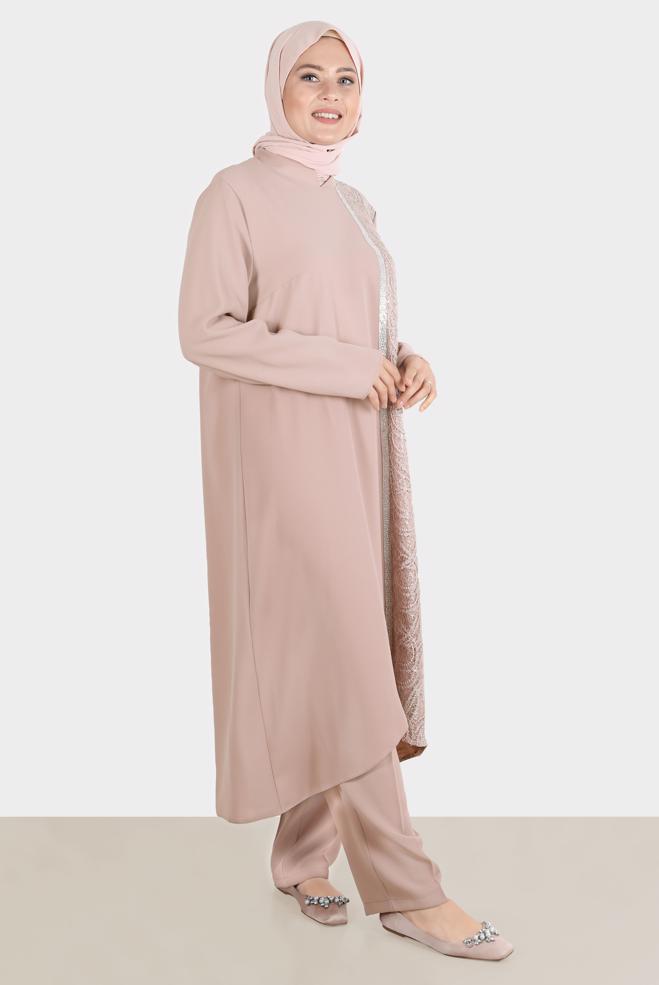 Vêtements hijab POUDRE ENSEMBLE PANTALON 2 PIÈCES GUIPURÉ RAYÉ GEM 30274 - ALVİNA