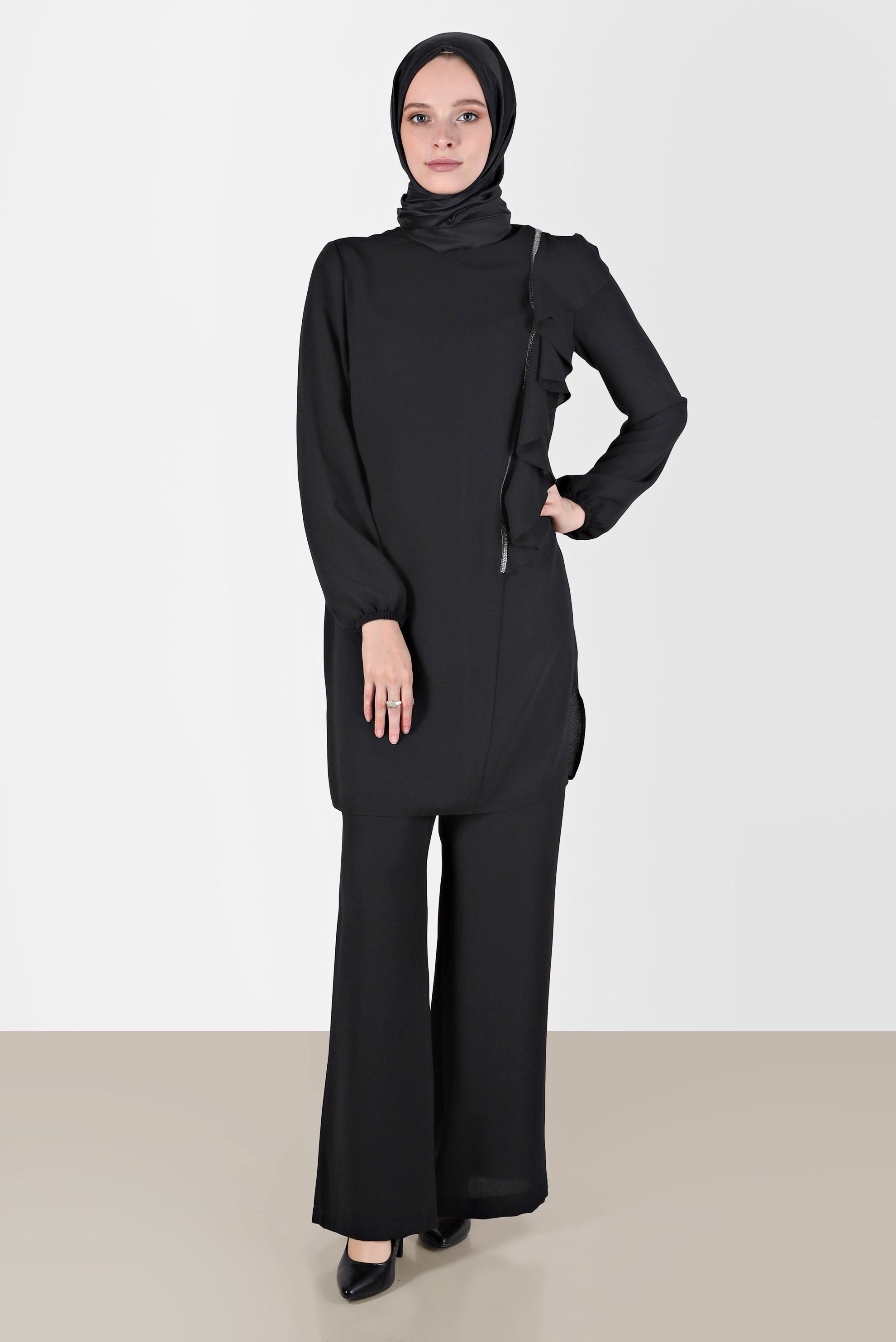 Tesettür giyim SİYAH TAŞ DETAYLI VOLANLI İKİLİ PANT. TAKIM 30275 