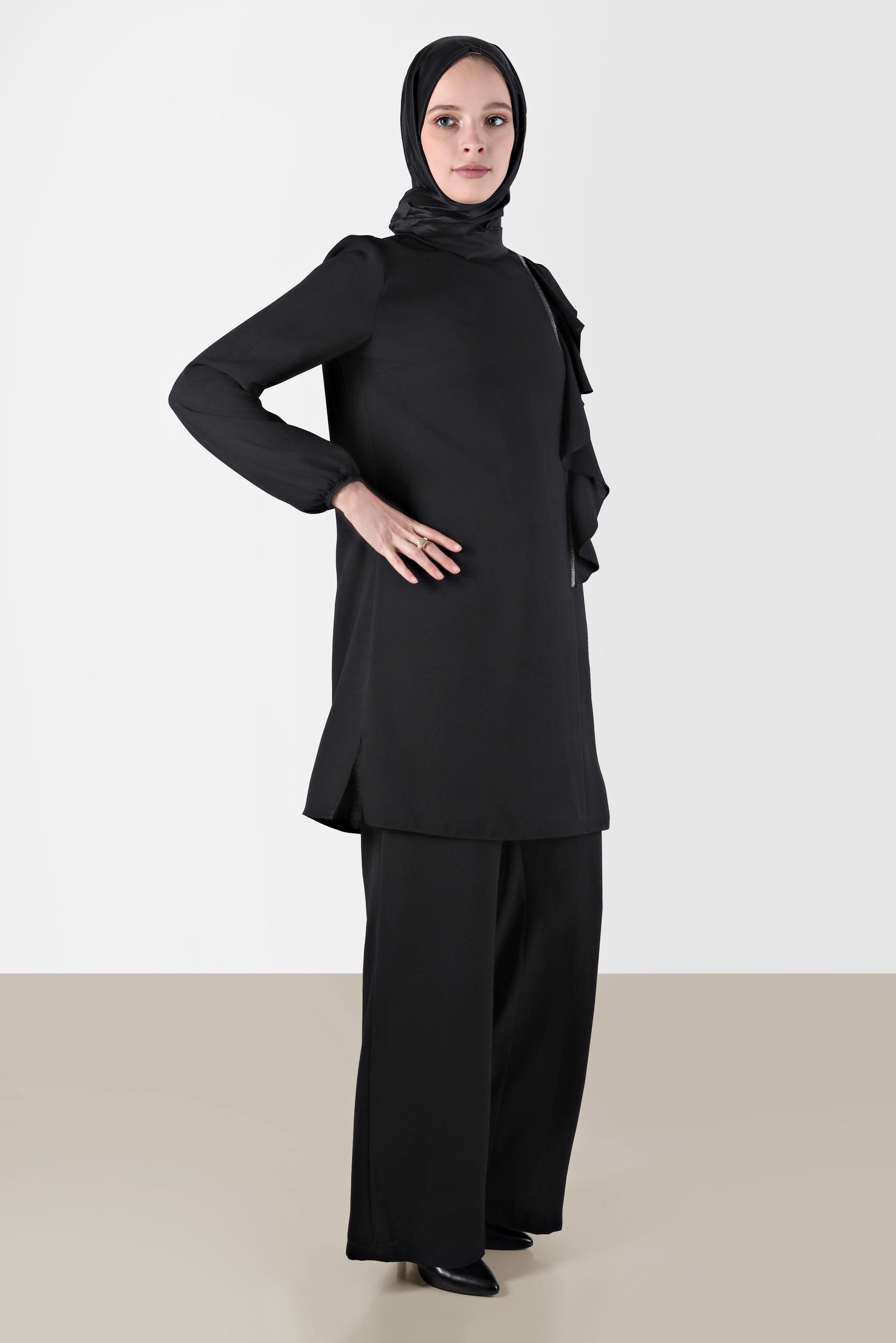 Tesettür giyim SİYAH TAŞ DETAYLI VOLANLI İKİLİ PANT. TAKIM 30275 