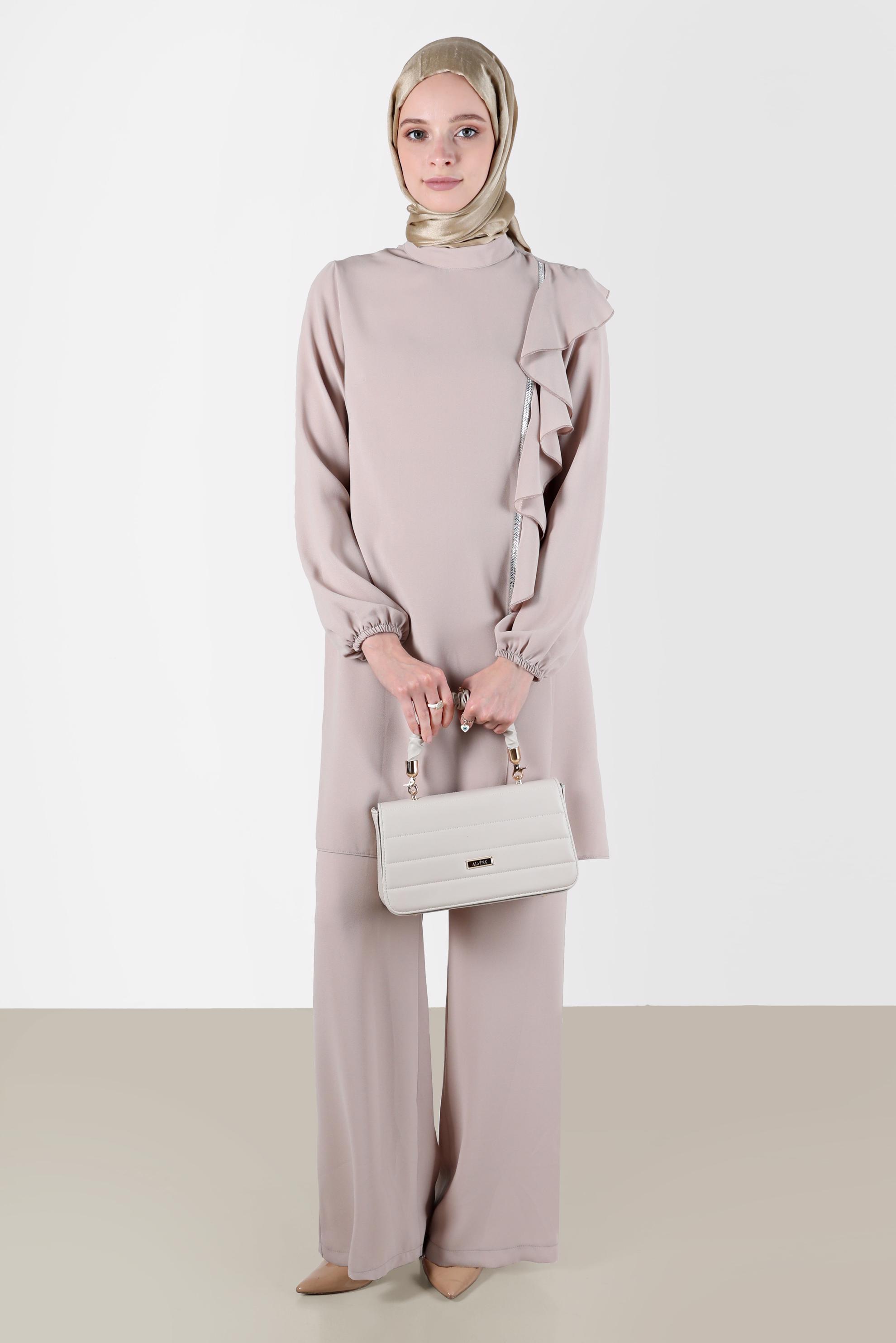 Tesettür giyim BEJ TAŞ DETAYLI VOLANLI İKİLİ PANT. TAKIM 30275 