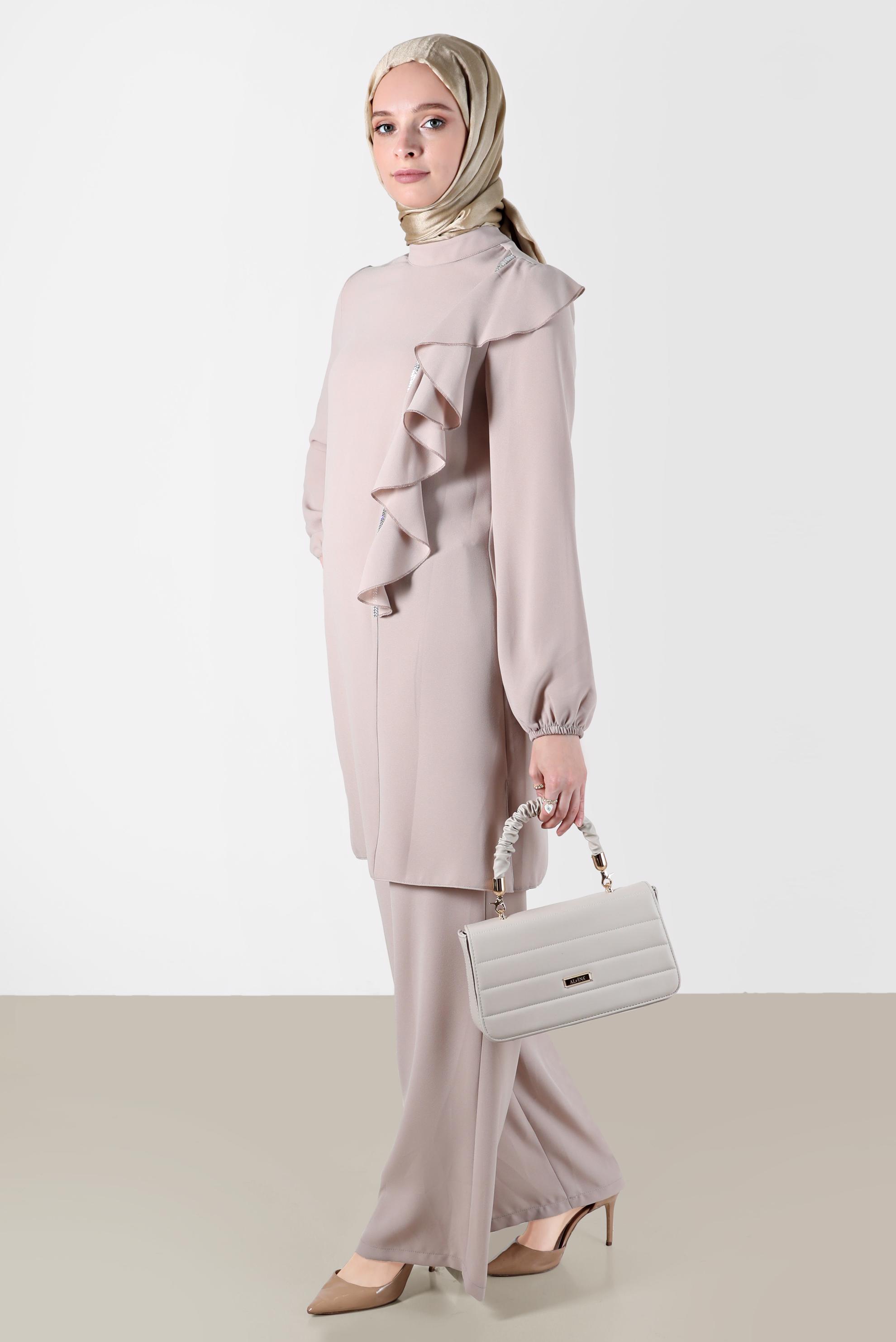 Tesettür giyim BEJ TAŞ DETAYLI VOLANLI İKİLİ PANT. TAKIM 30275 