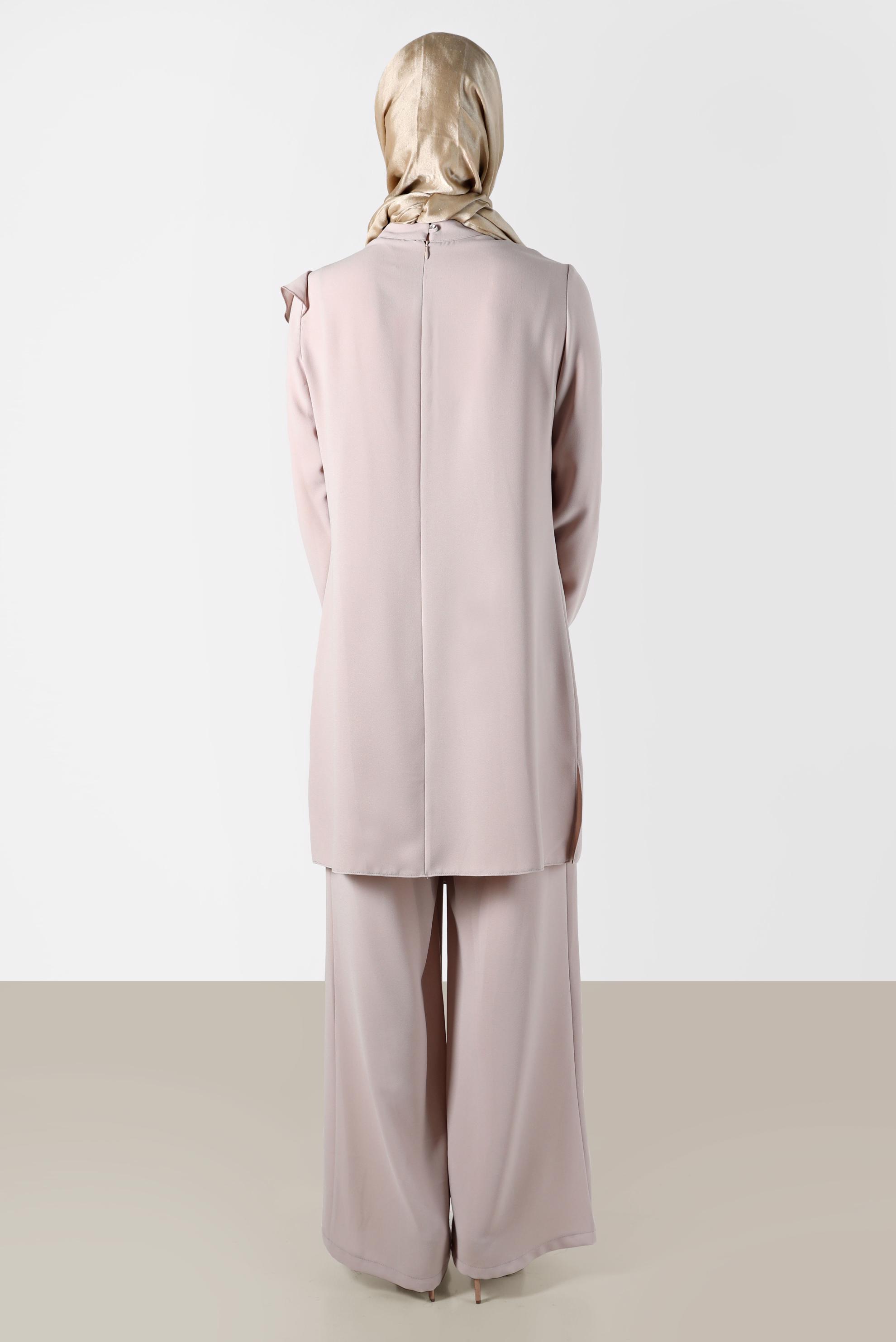 Tesettür giyim BEJ TAŞ DETAYLI VOLANLI İKİLİ PANT. TAKIM 30275 