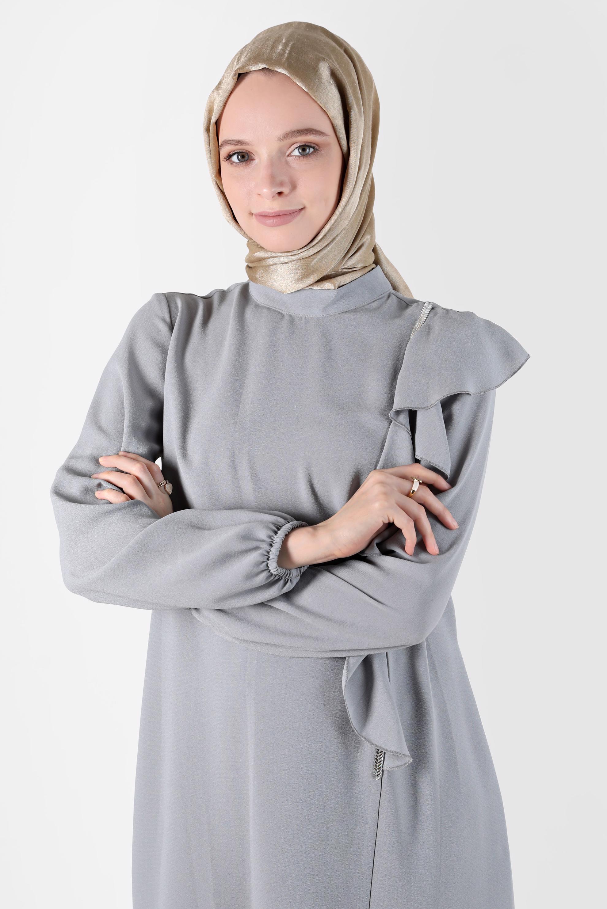 Tesettür giyim GRİ TAŞ DETAYLI VOLANLI İKİLİ PANT. TAKIM 30275 