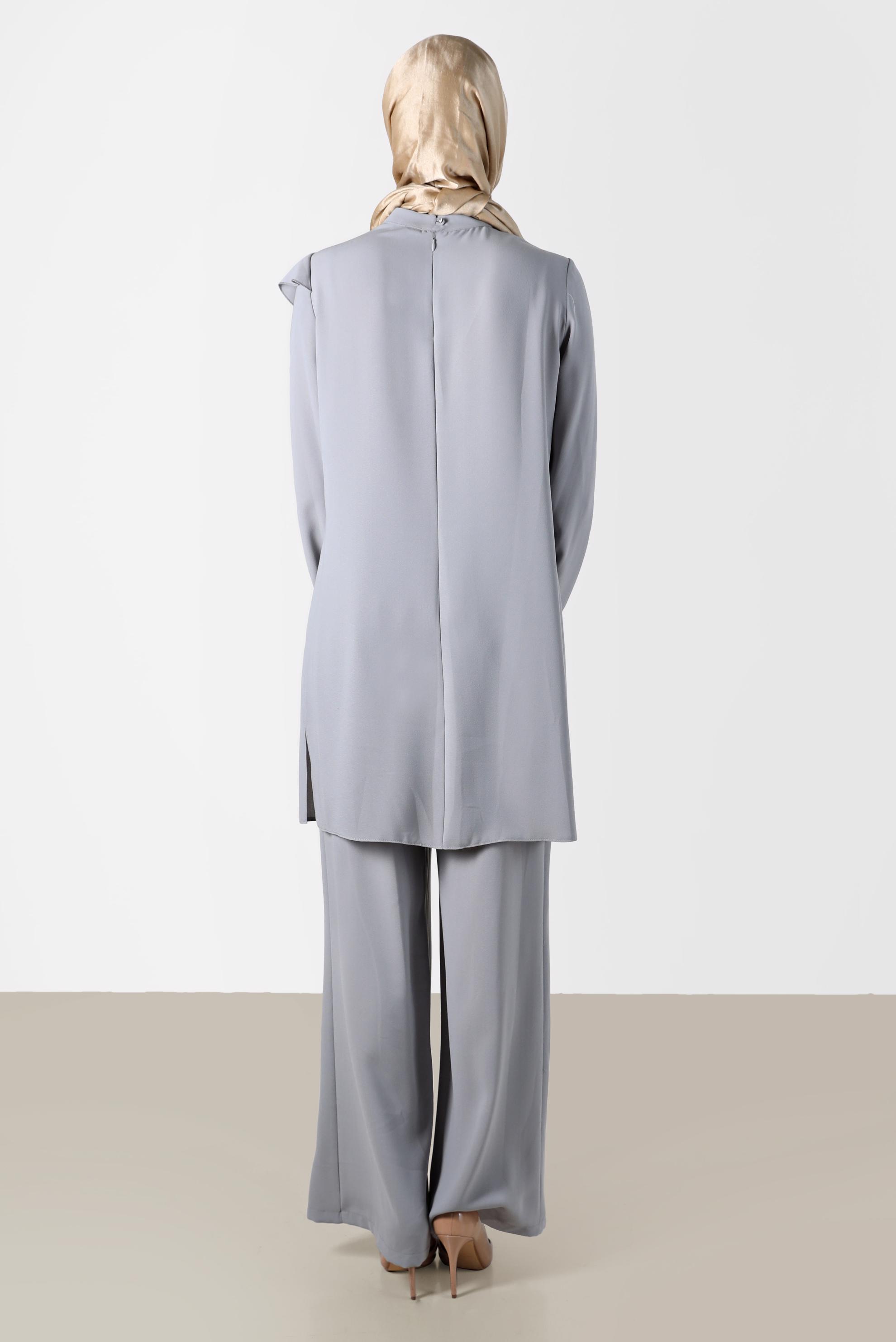 Tesettür giyim GRİ TAŞ DETAYLI VOLANLI İKİLİ PANT. TAKIM 30275 