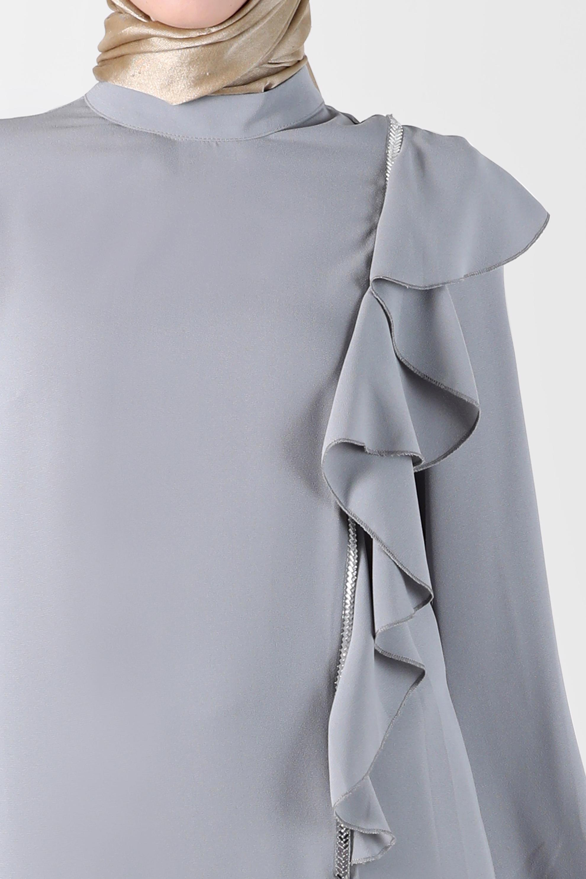 Tesettür giyim GRİ TAŞ DETAYLI VOLANLI İKİLİ PANT. TAKIM 30275 