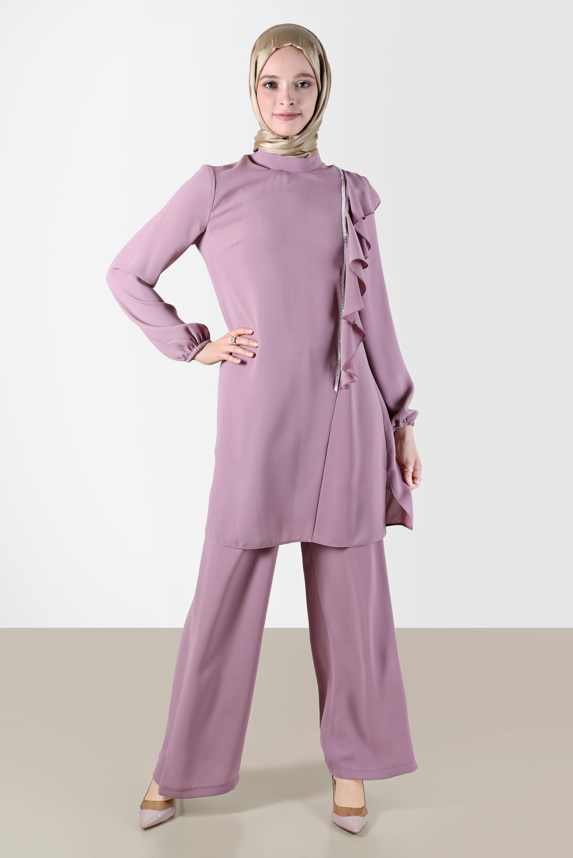 Tesettür giyim MOR TAŞ DETAYLI VOLANLI İKİLİ PANT. TAKIM 30275 