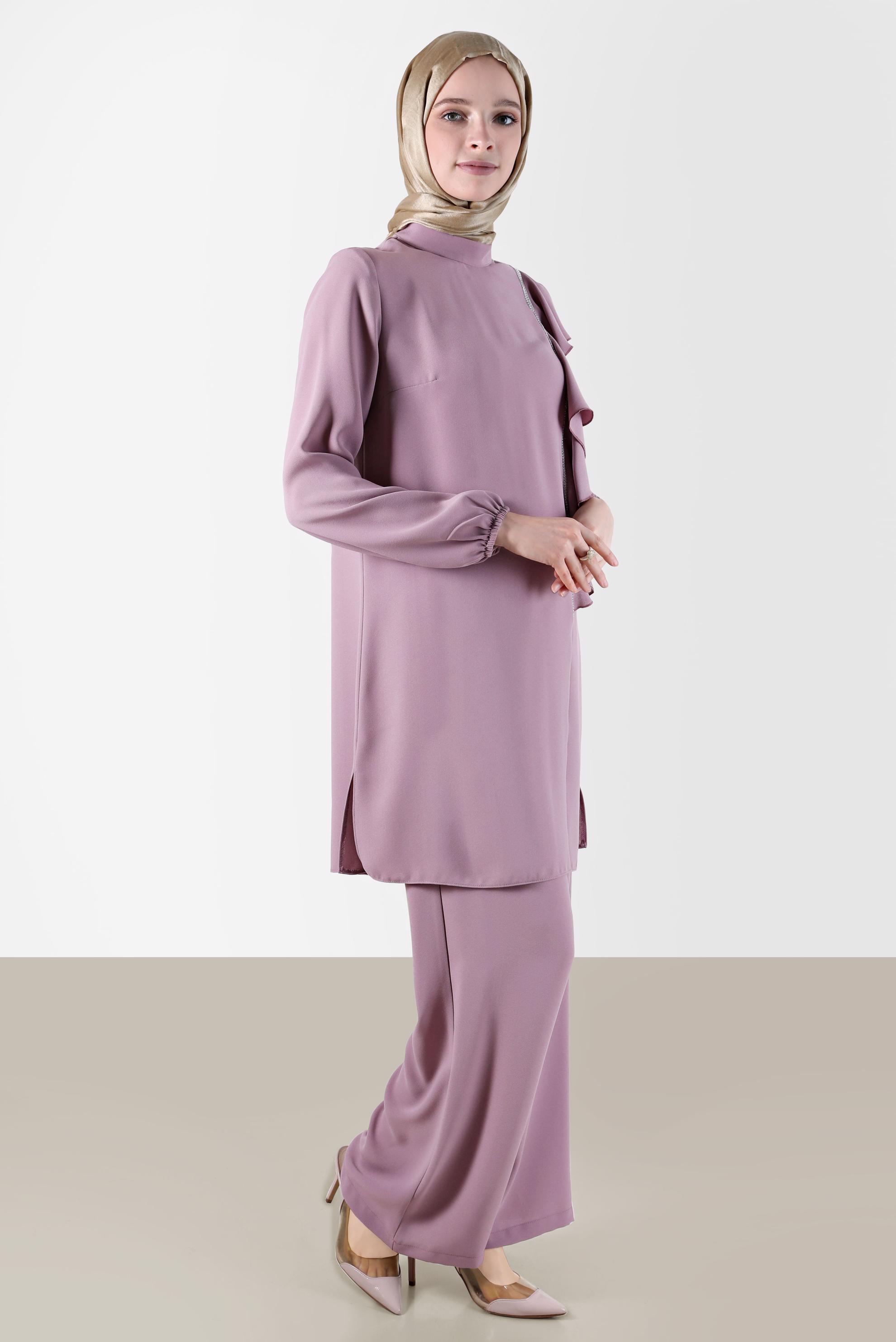 Tesettür giyim MOR TAŞ DETAYLI VOLANLI İKİLİ PANT. TAKIM 30275 