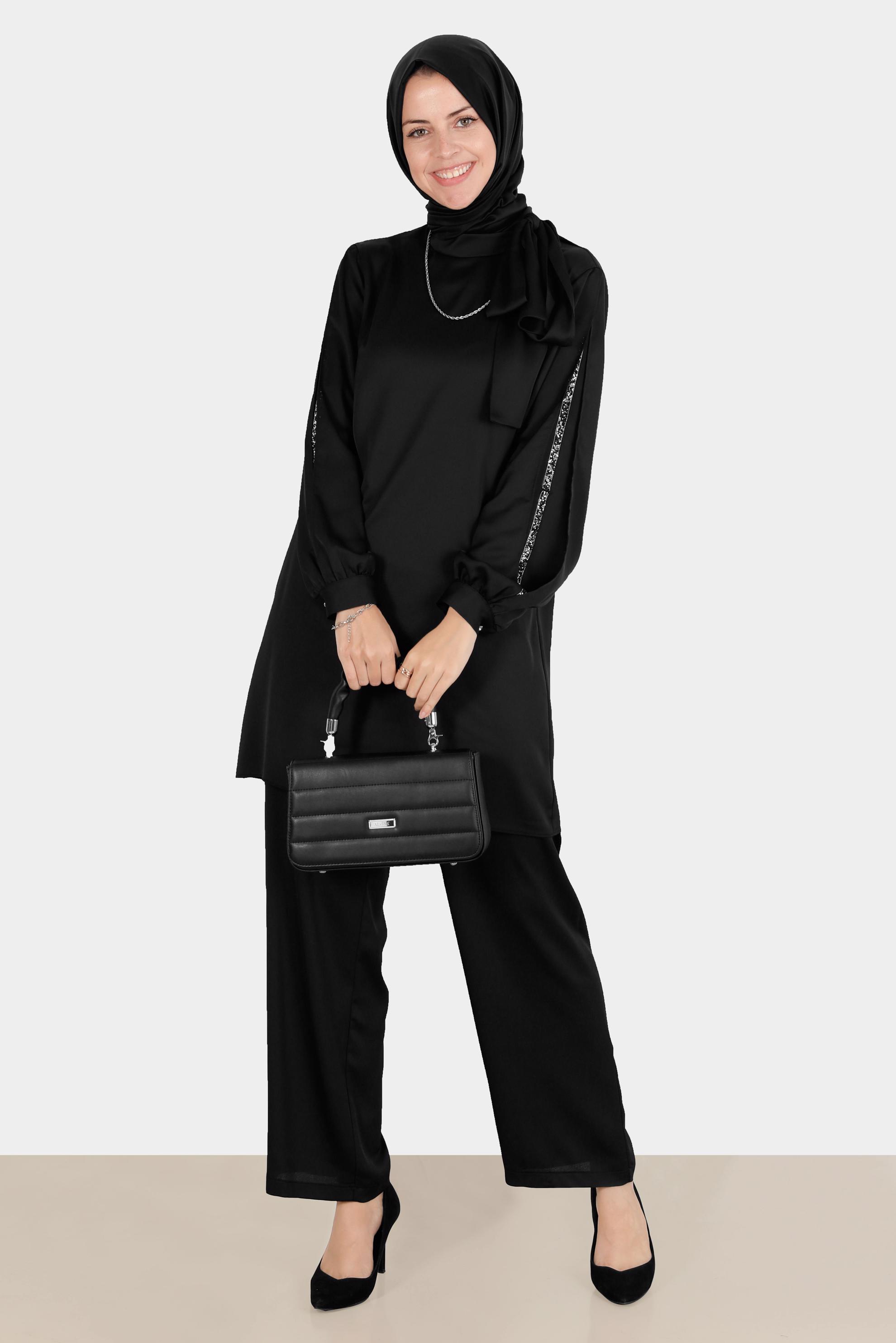 Tesettür giyim SİYAH FİYONK DETAYLI TAŞLI SATEN İKİLİ PANT. TAKIM 30276 