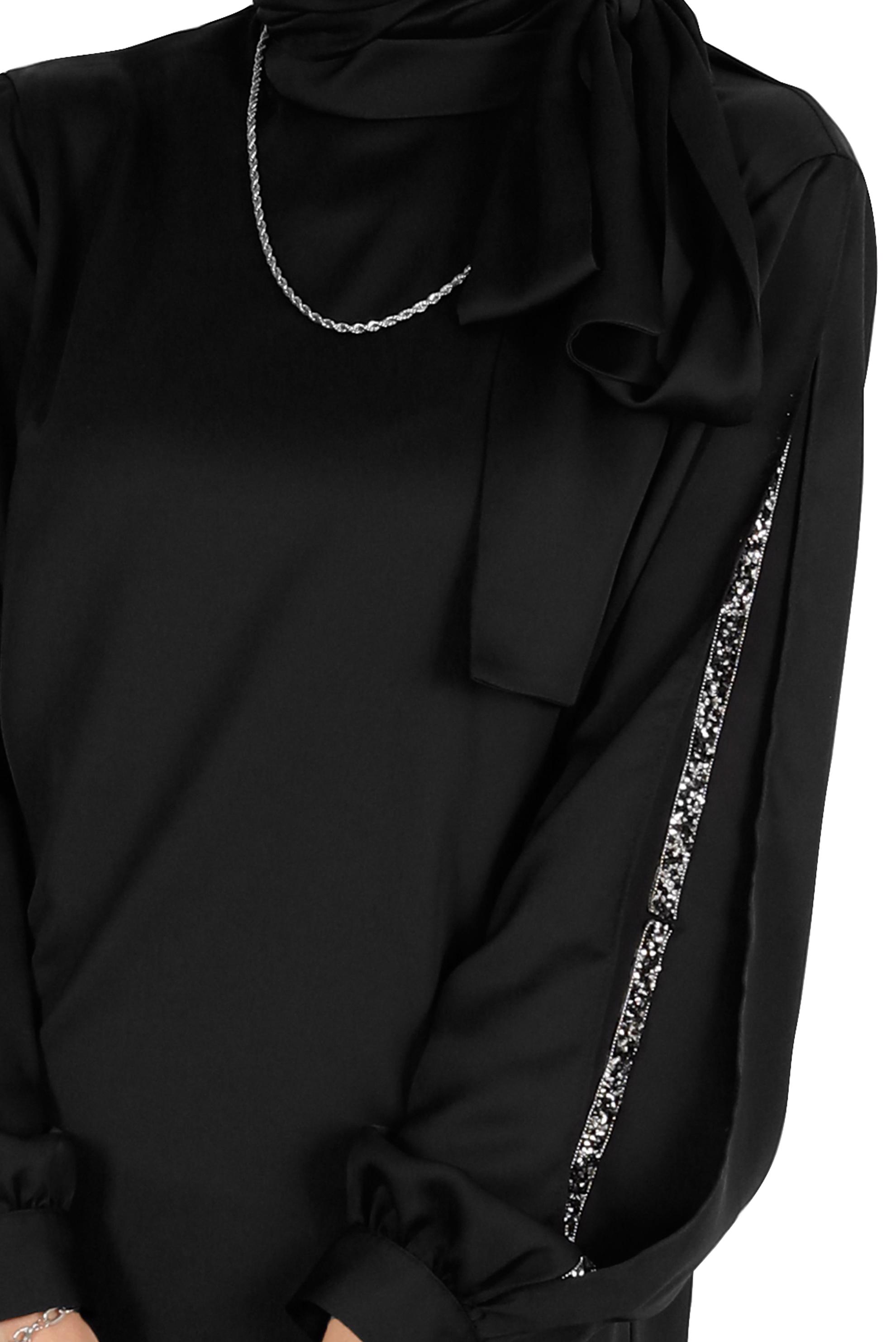 Tesettür giyim SİYAH FİYONK DETAYLI TAŞLI SATEN İKİLİ PANT. TAKIM 30276 