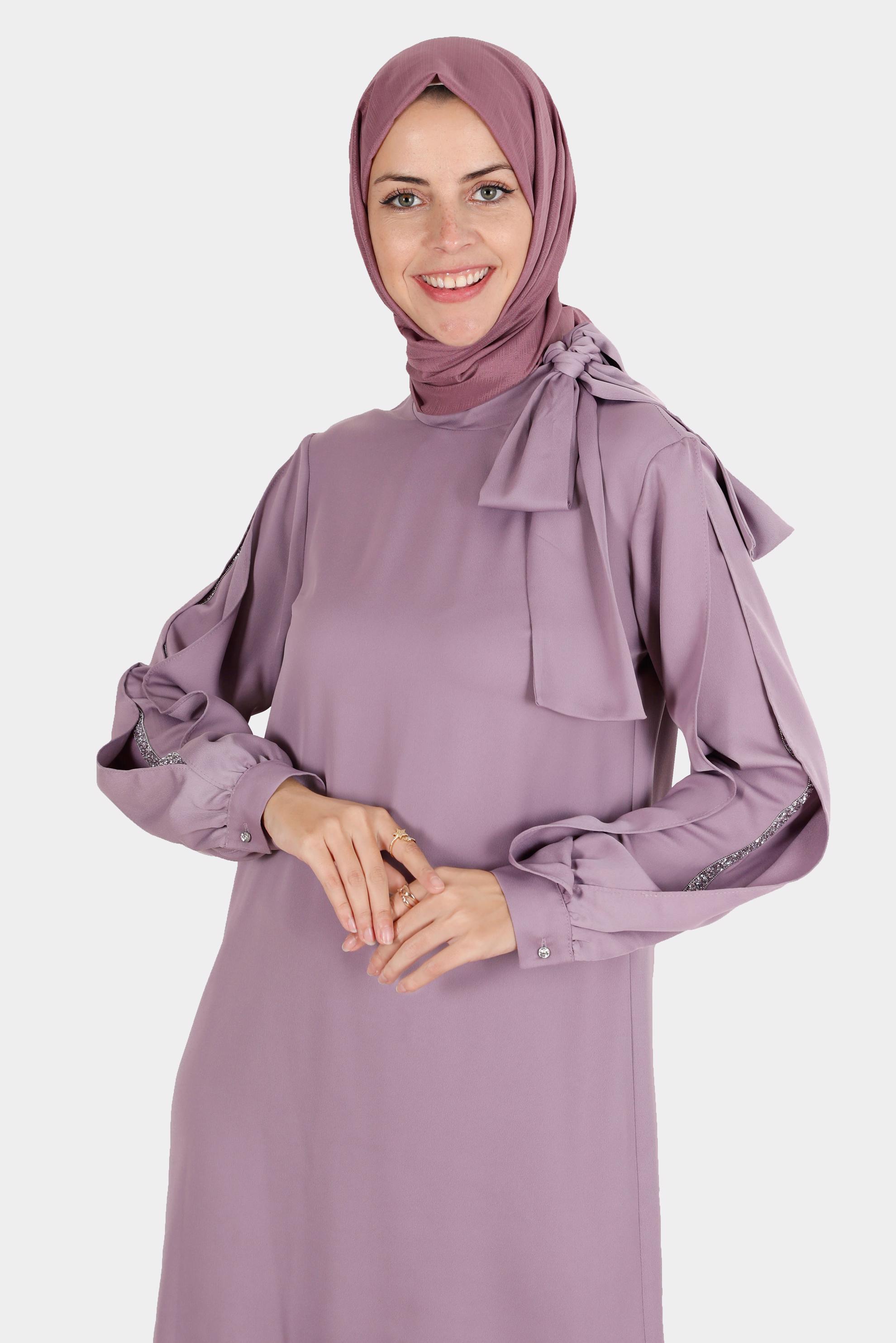 Tesettür giyim MOR FİYONK DETAYLI TAŞLI SATEN İKİLİ PANT. TAKIM 30276 