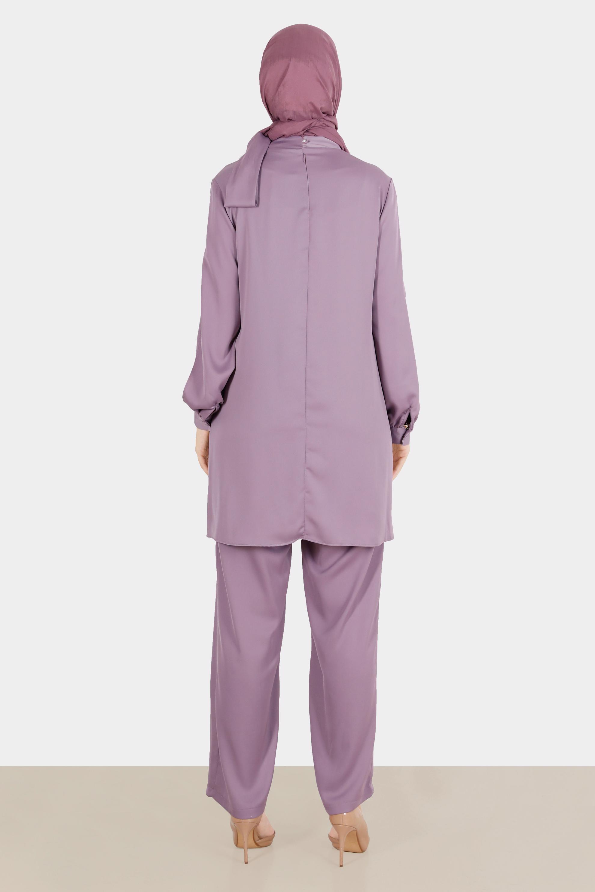 Tesettür giyim MOR FİYONK DETAYLI TAŞLI SATEN İKİLİ PANT. TAKIM 30276 