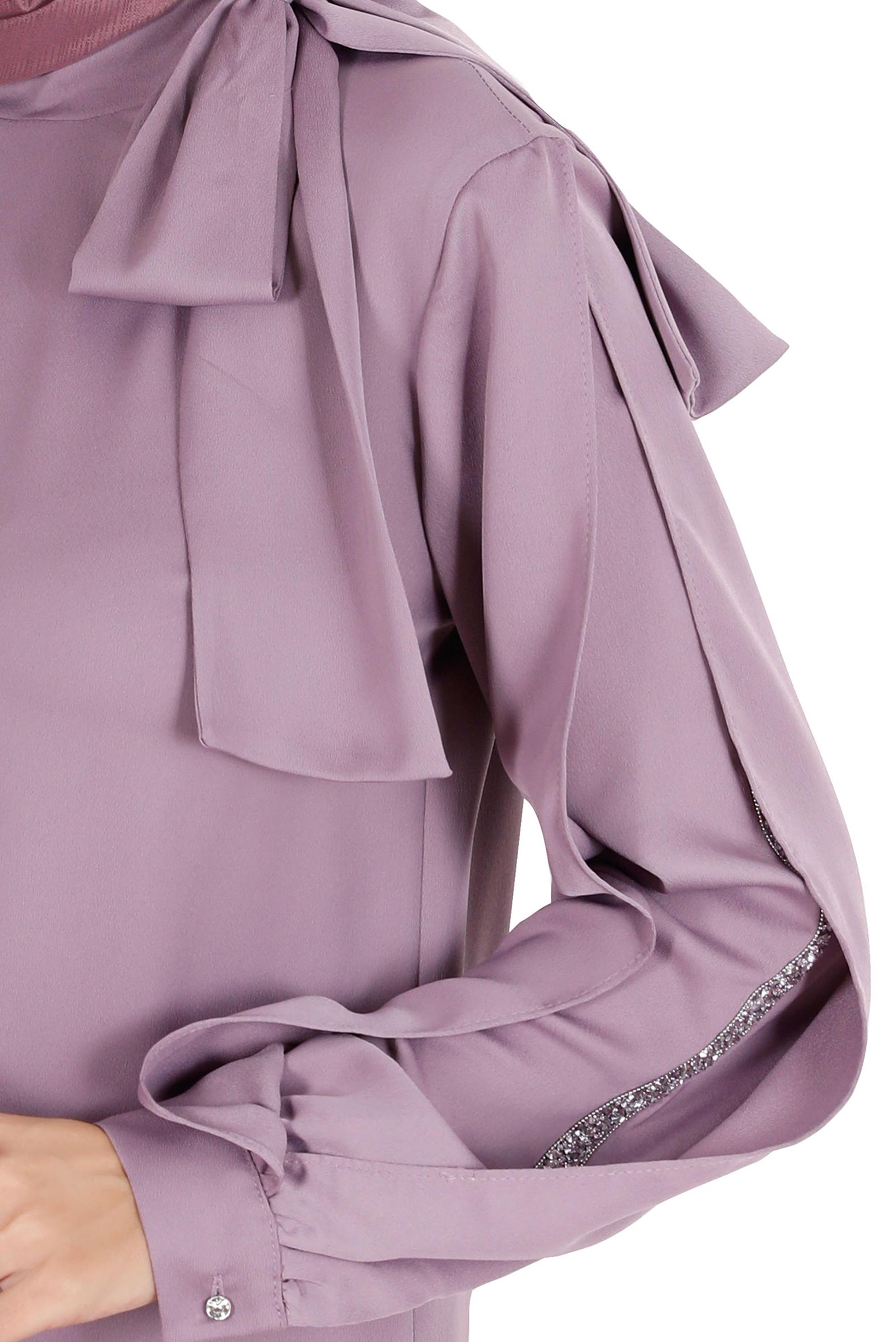 Tesettür giyim MOR FİYONK DETAYLI TAŞLI SATEN İKİLİ PANT. TAKIM 30276 