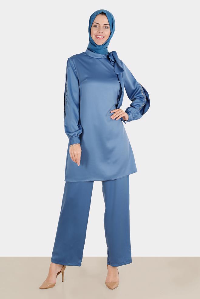 Tesettür giyim LACİVERT FİYONK DETAYLI TAŞLI SATEN İKİLİ PANT. TAKIM 30276  - ALVİNA