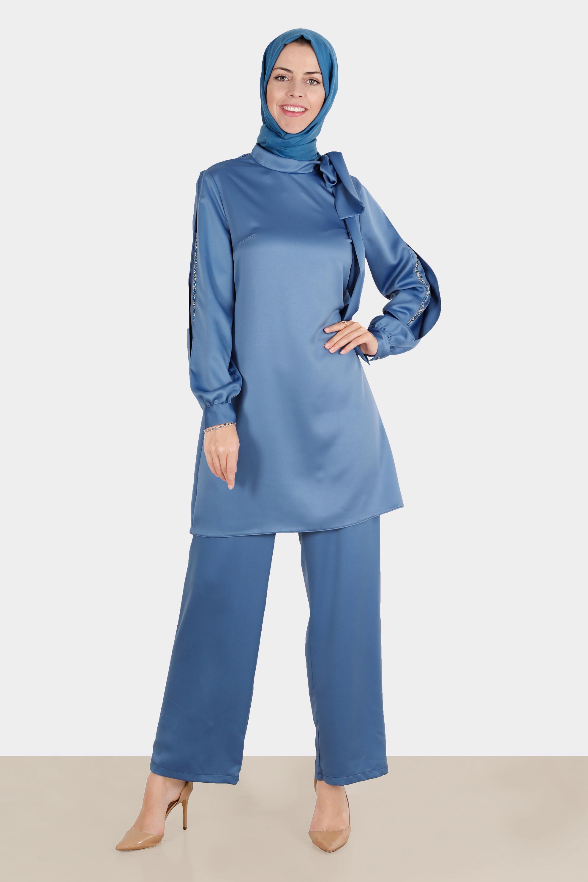 Tesettür giyim LACİVERT FİYONK DETAYLI TAŞLI SATEN İKİLİ PANT. TAKIM 30276 