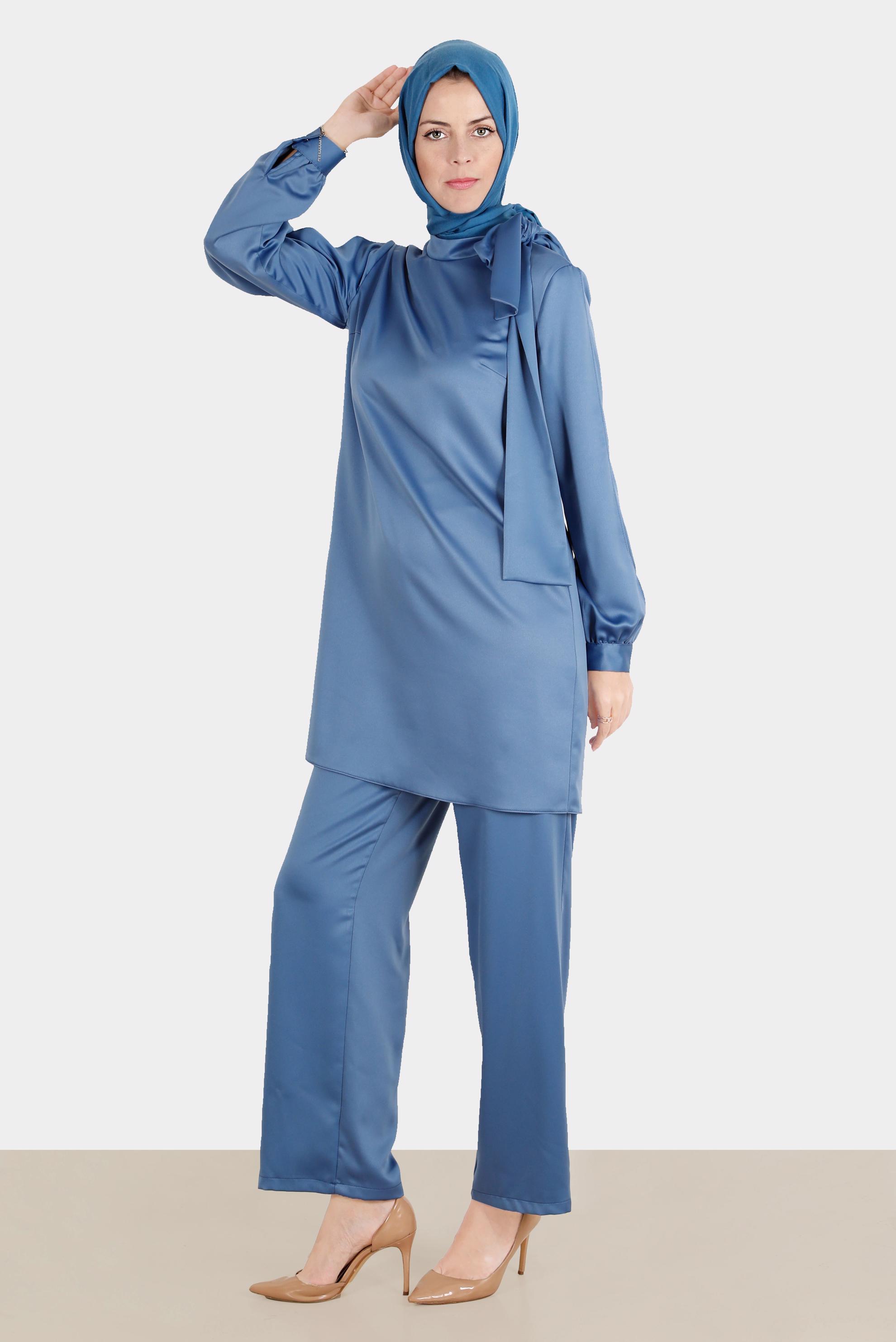 Tesettür giyim LACİVERT FİYONK DETAYLI TAŞLI SATEN İKİLİ PANT. TAKIM 30276 