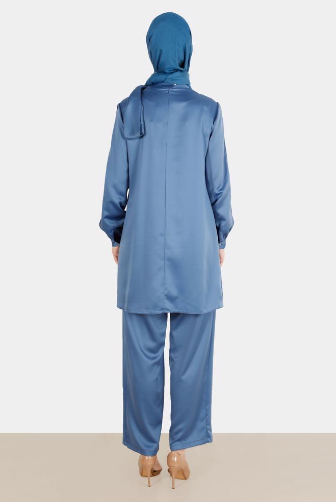 Tesettür giyim LACİVERT FİYONK DETAYLI TAŞLI SATEN İKİLİ PANT. TAKIM 30276  - ALVİNA