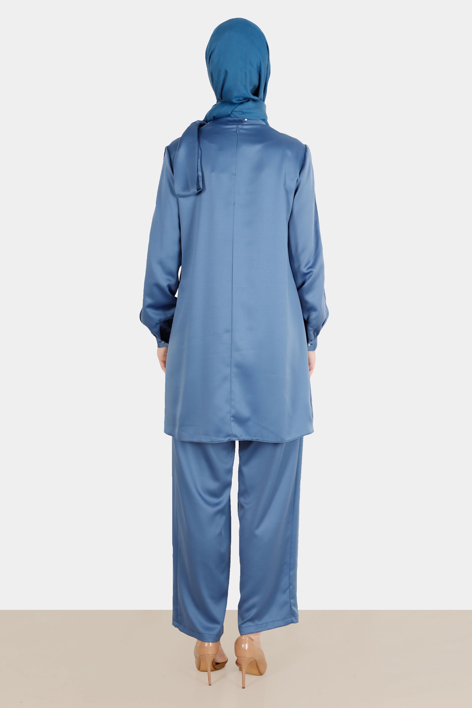 Tesettür giyim LACİVERT FİYONK DETAYLI TAŞLI SATEN İKİLİ PANT. TAKIM 30276 