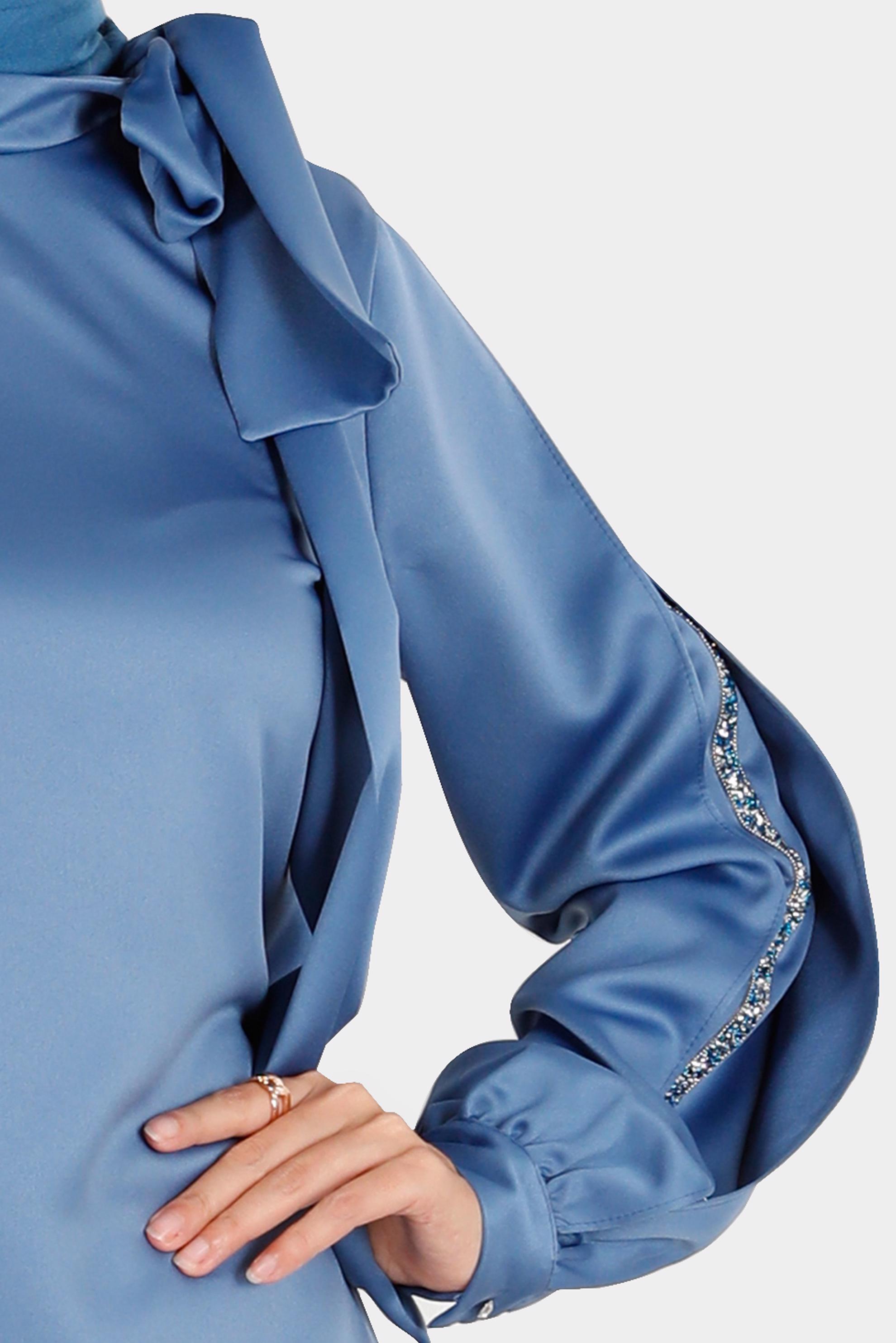 Tesettür giyim LACİVERT FİYONK DETAYLI TAŞLI SATEN İKİLİ PANT. TAKIM 30276 