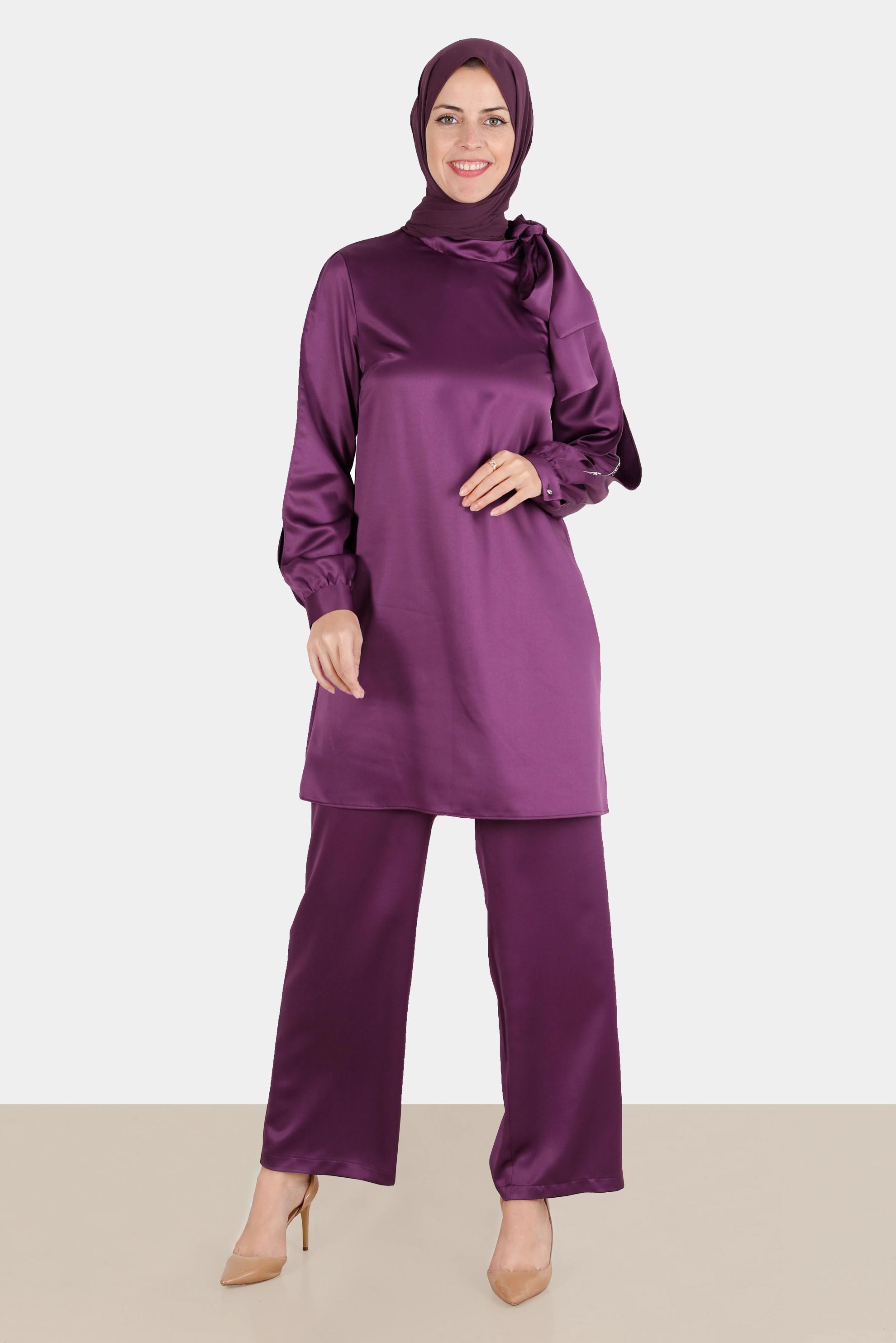 Tesettür giyim MOR FİYONK DETAYLI TAŞLI SATEN İKİLİ PANT. TAKIM 30276 