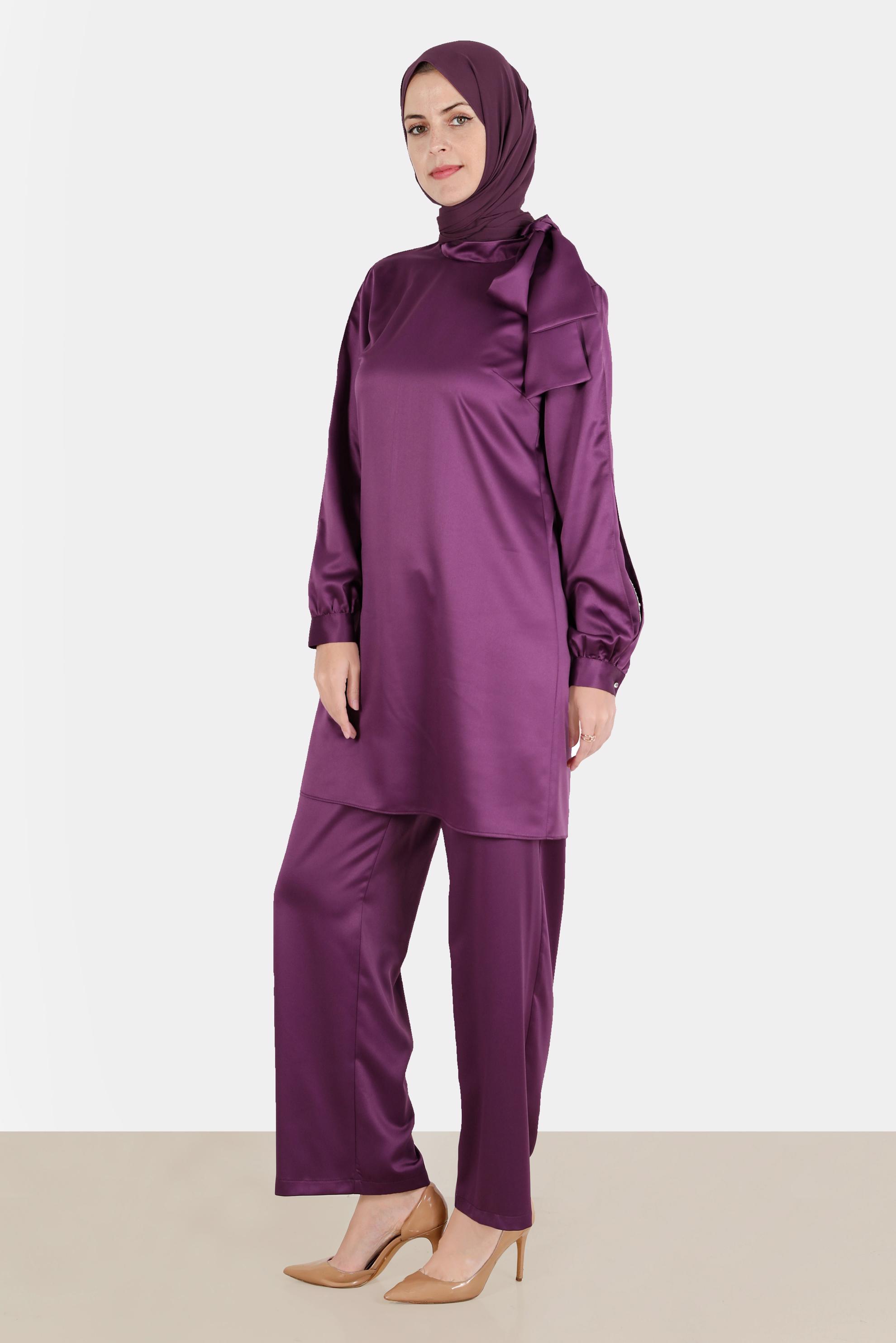 Tesettür giyim MOR FİYONK DETAYLI TAŞLI SATEN İKİLİ PANT. TAKIM 30276 