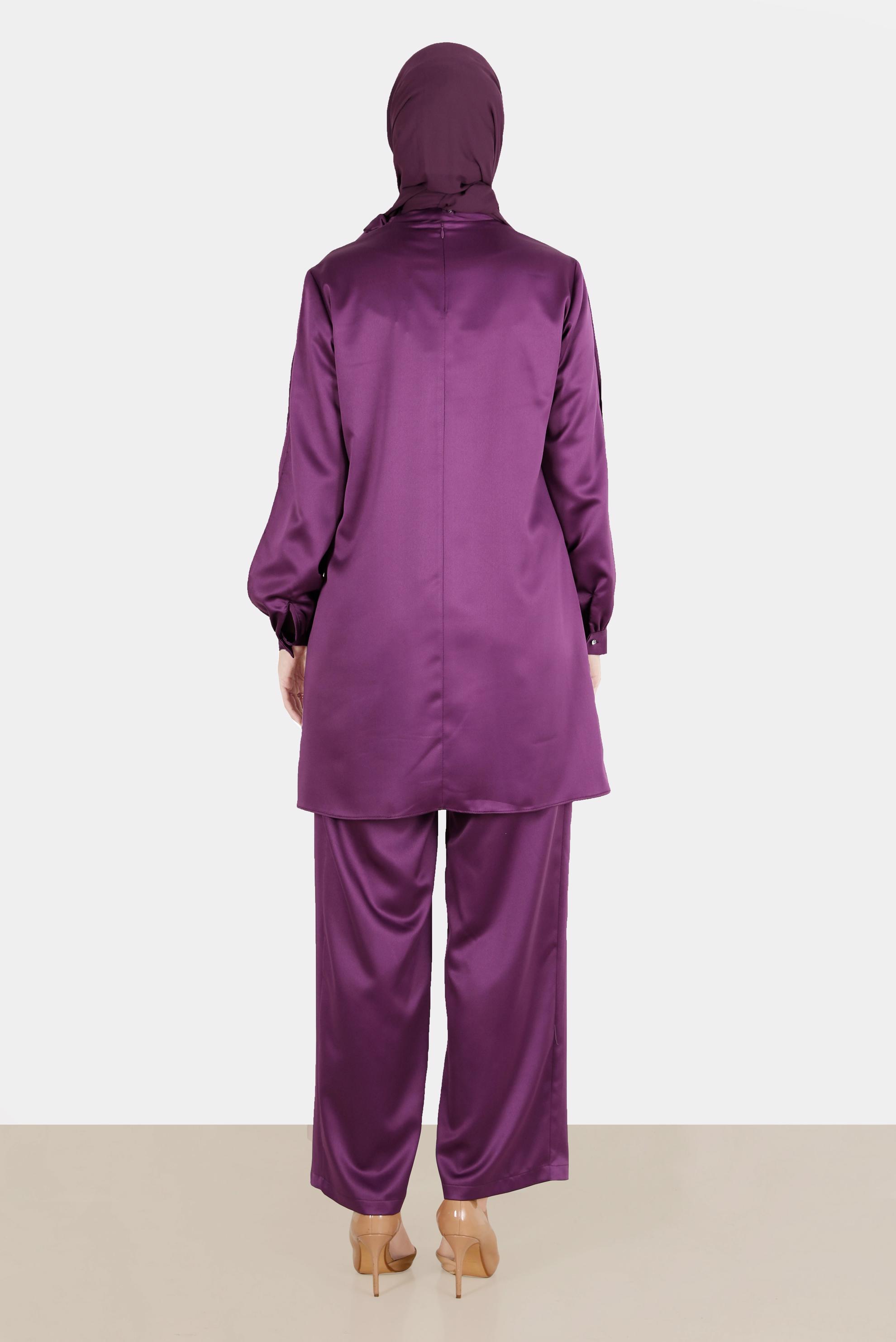 Tesettür giyim MOR FİYONK DETAYLI TAŞLI SATEN İKİLİ PANT. TAKIM 30276 