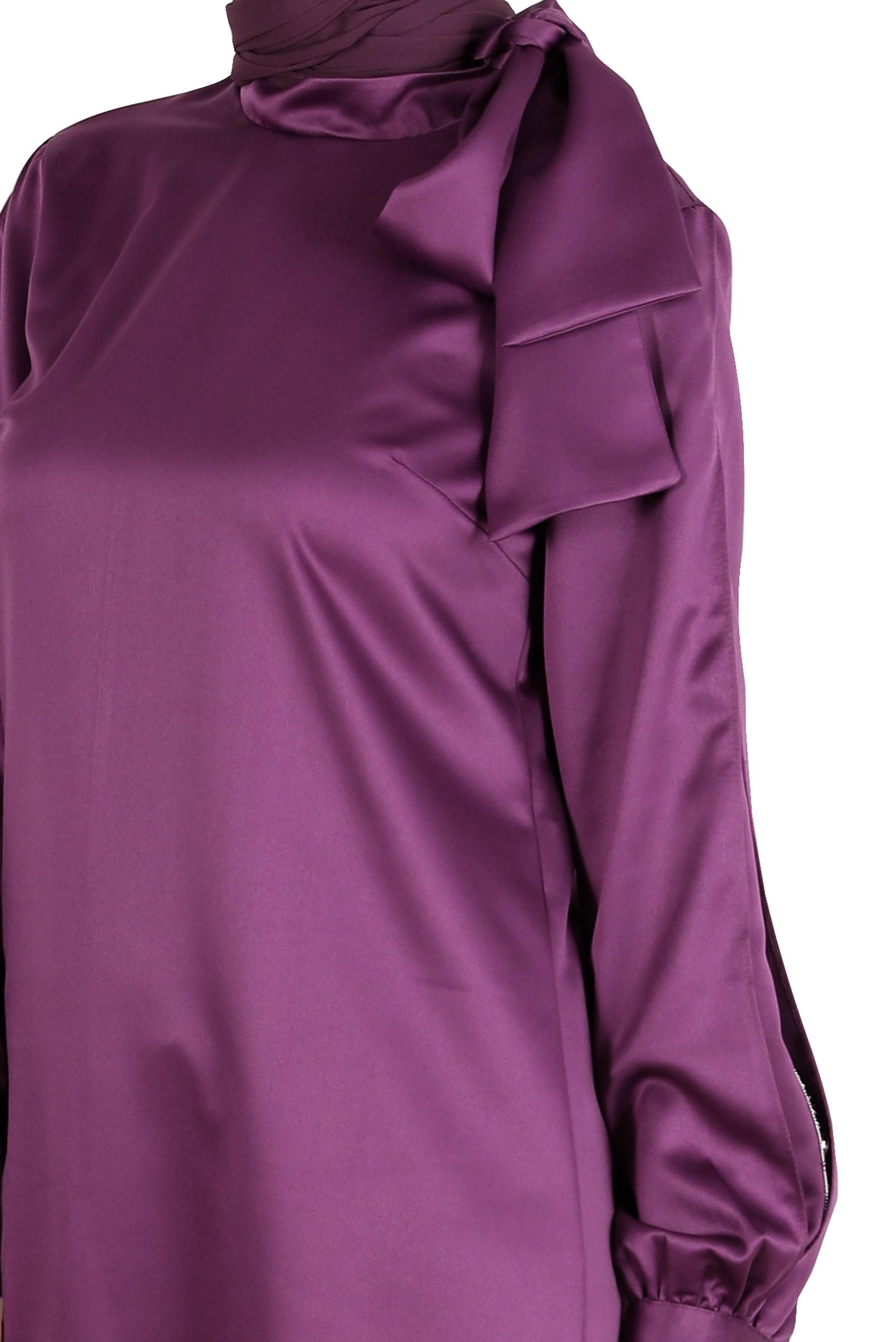 Tesettür giyim MOR FİYONK DETAYLI TAŞLI SATEN İKİLİ PANT. TAKIM 30276 