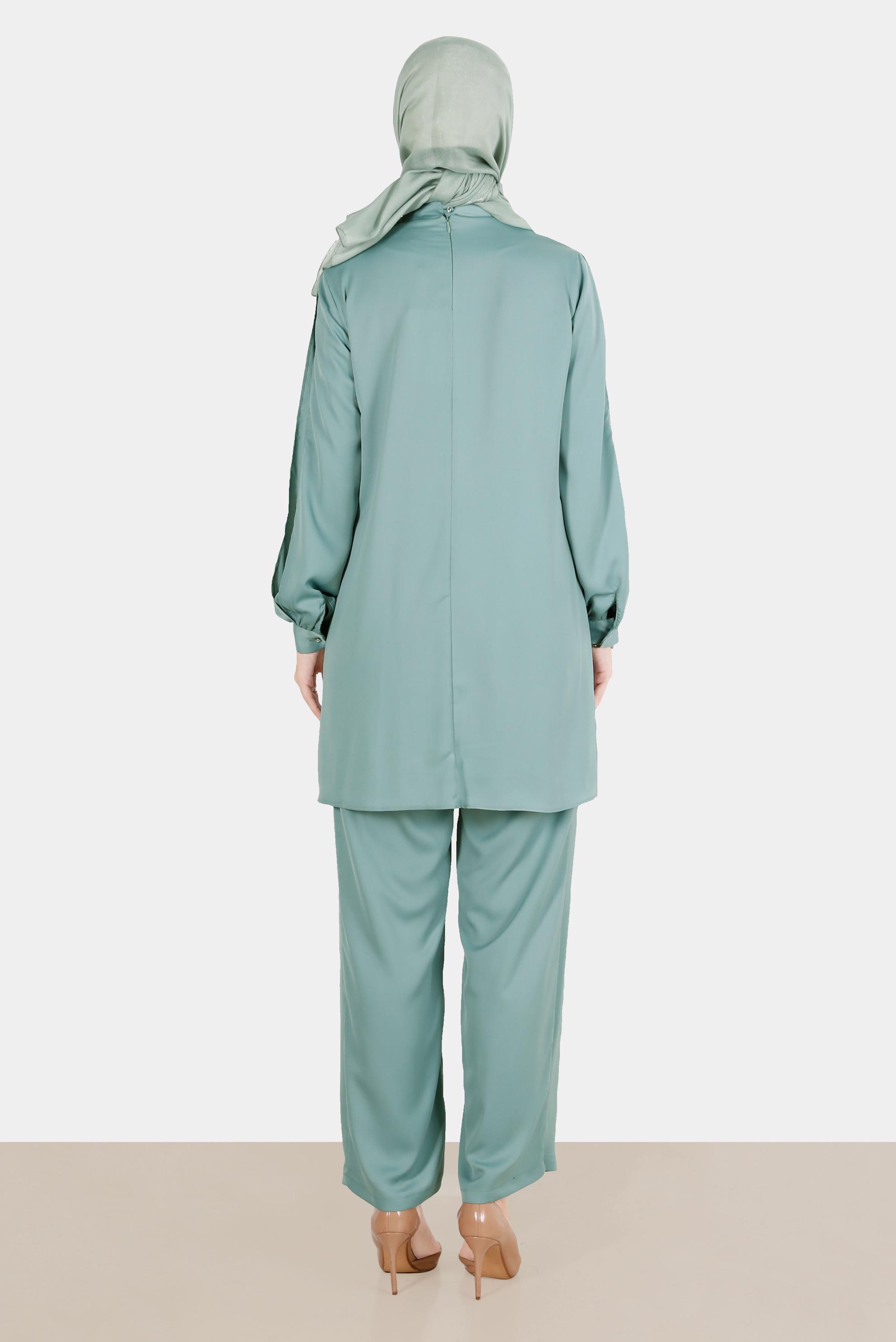 Tesettür giyim MAVİ FİYONK DETAYLI TAŞLI SATEN İKİLİ PANT. TAKIM 30276 