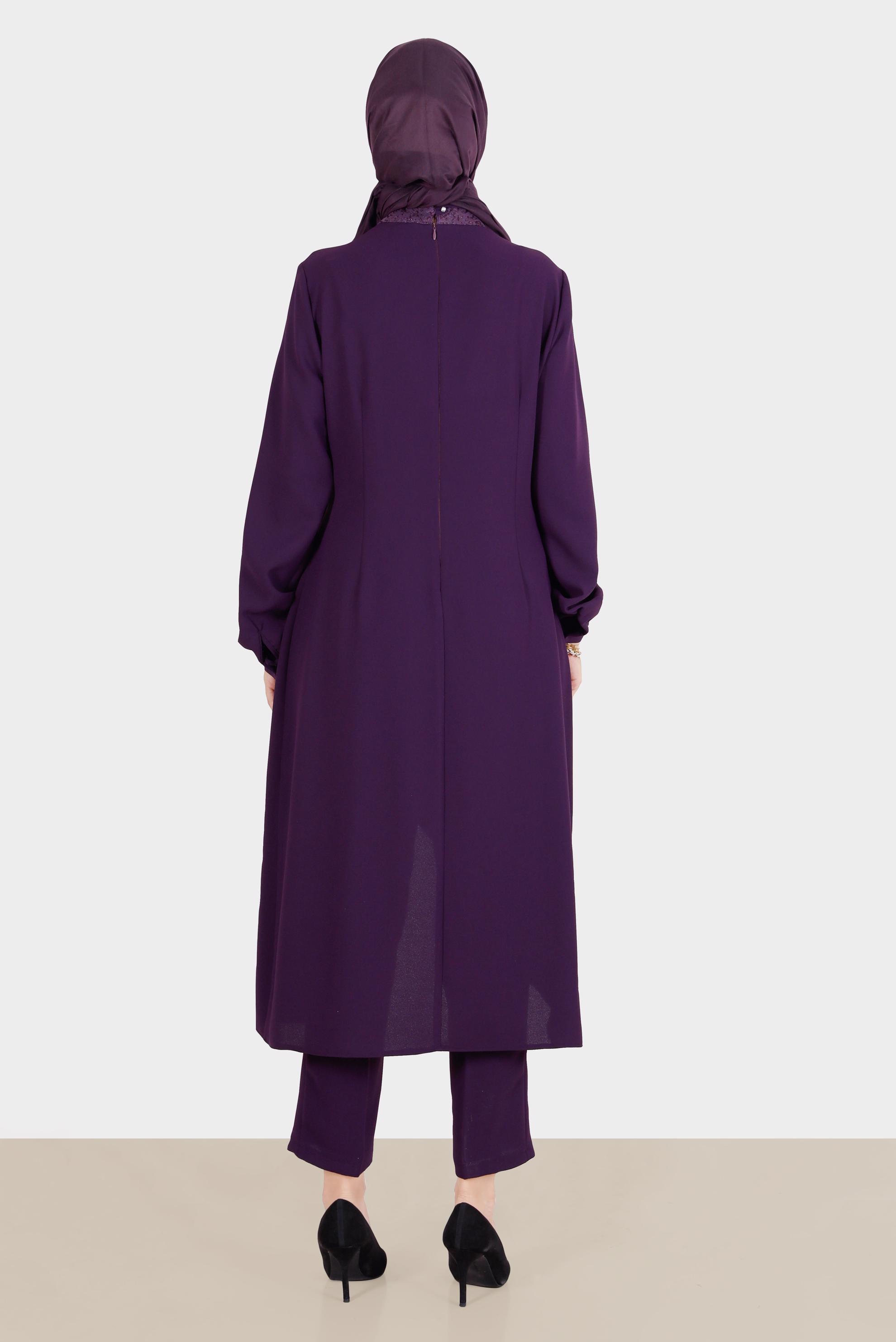 Tesettür giyim MOR BAĞLAMA DETAYLI GÜPÜRLÜ İKİLİ PANT. TAKIM 30283