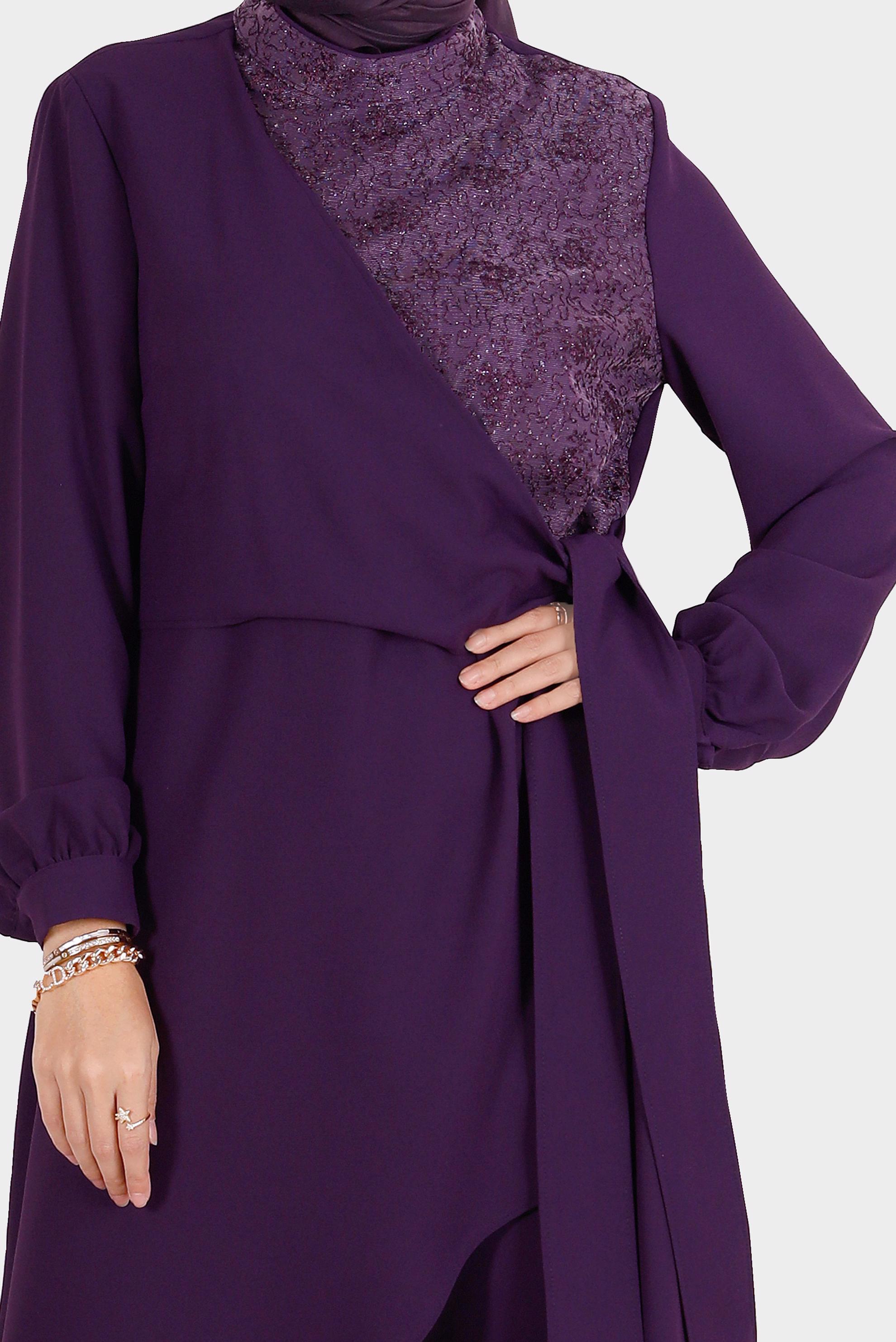Tesettür giyim MOR BAĞLAMA DETAYLI GÜPÜRLÜ İKİLİ PANT. TAKIM 30283