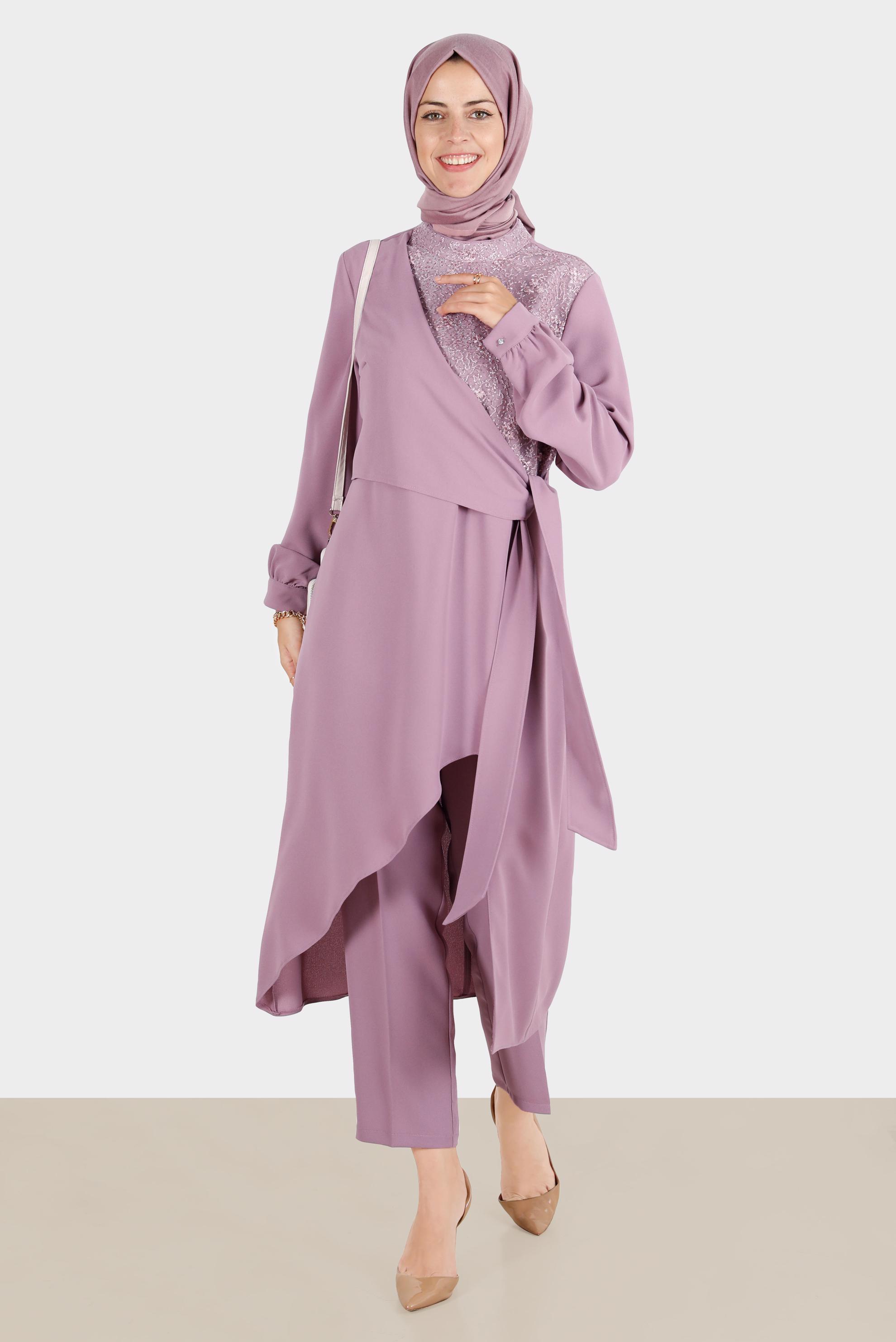 Tesettür giyim PUDRA BAĞLAMA DETAYLI GÜPÜRLÜ İKİLİ PANT. TAKIM 30283