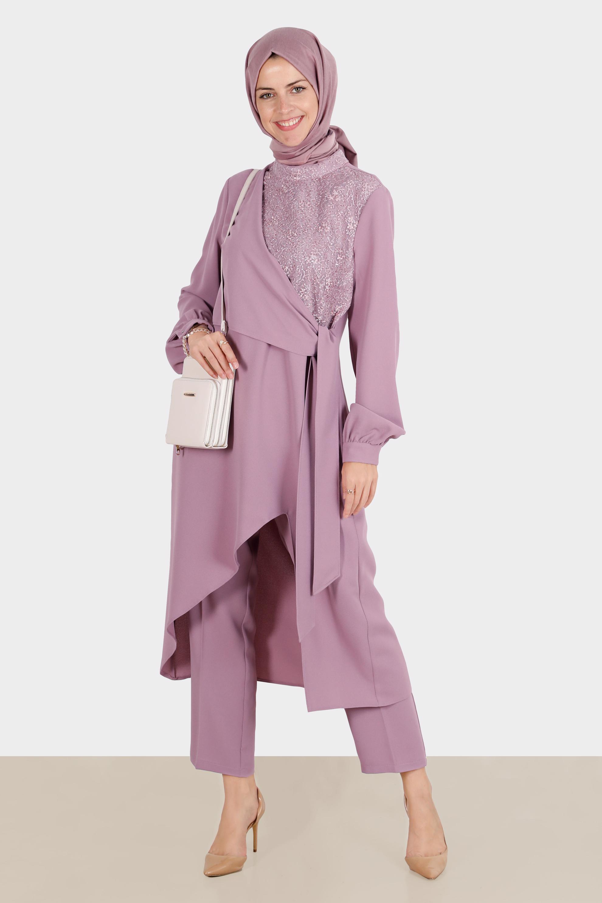 Tesettür giyim PUDRA BAĞLAMA DETAYLI GÜPÜRLÜ İKİLİ PANT. TAKIM 30283