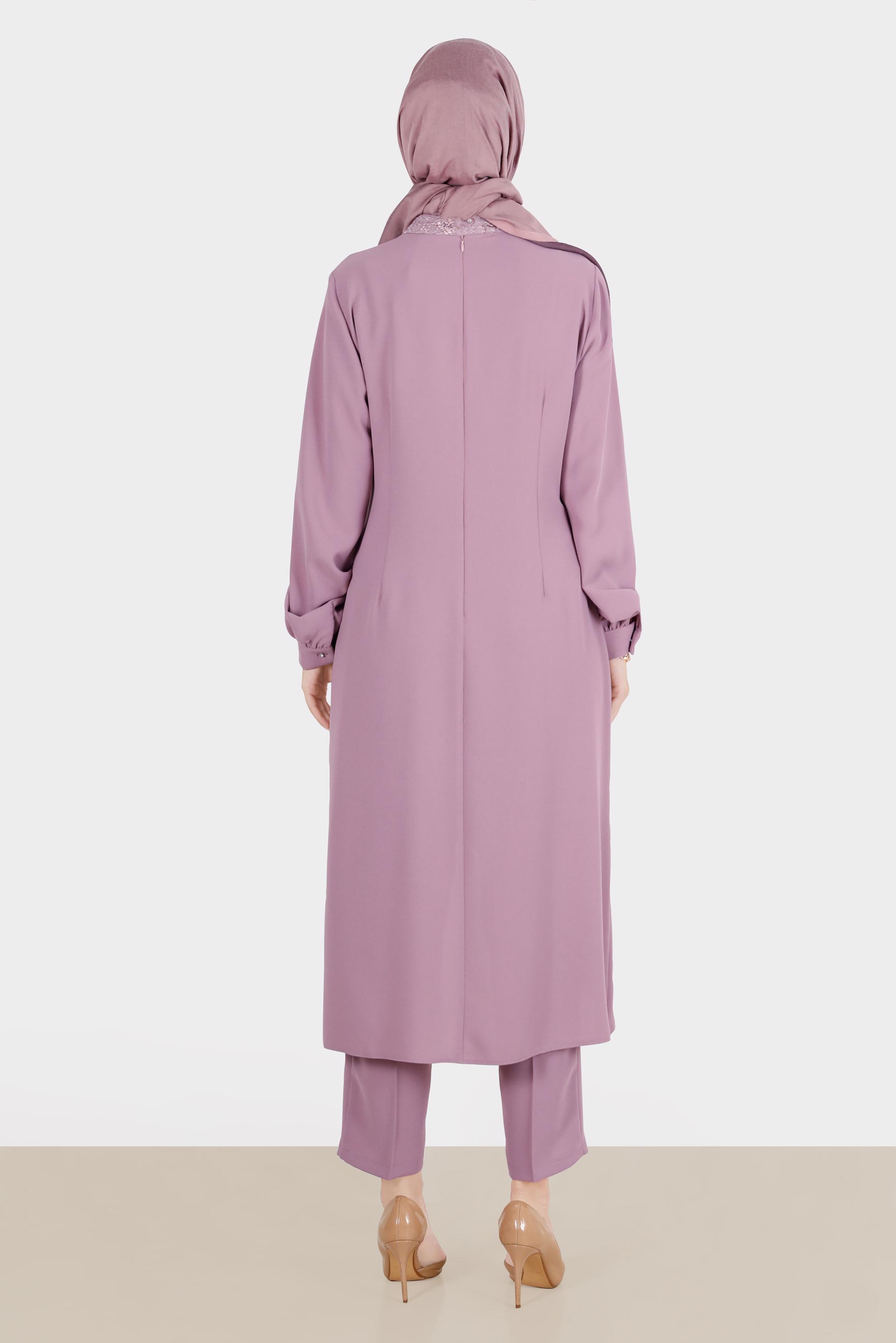 Tesettür giyim PUDRA BAĞLAMA DETAYLI GÜPÜRLÜ İKİLİ PANT. TAKIM 30283