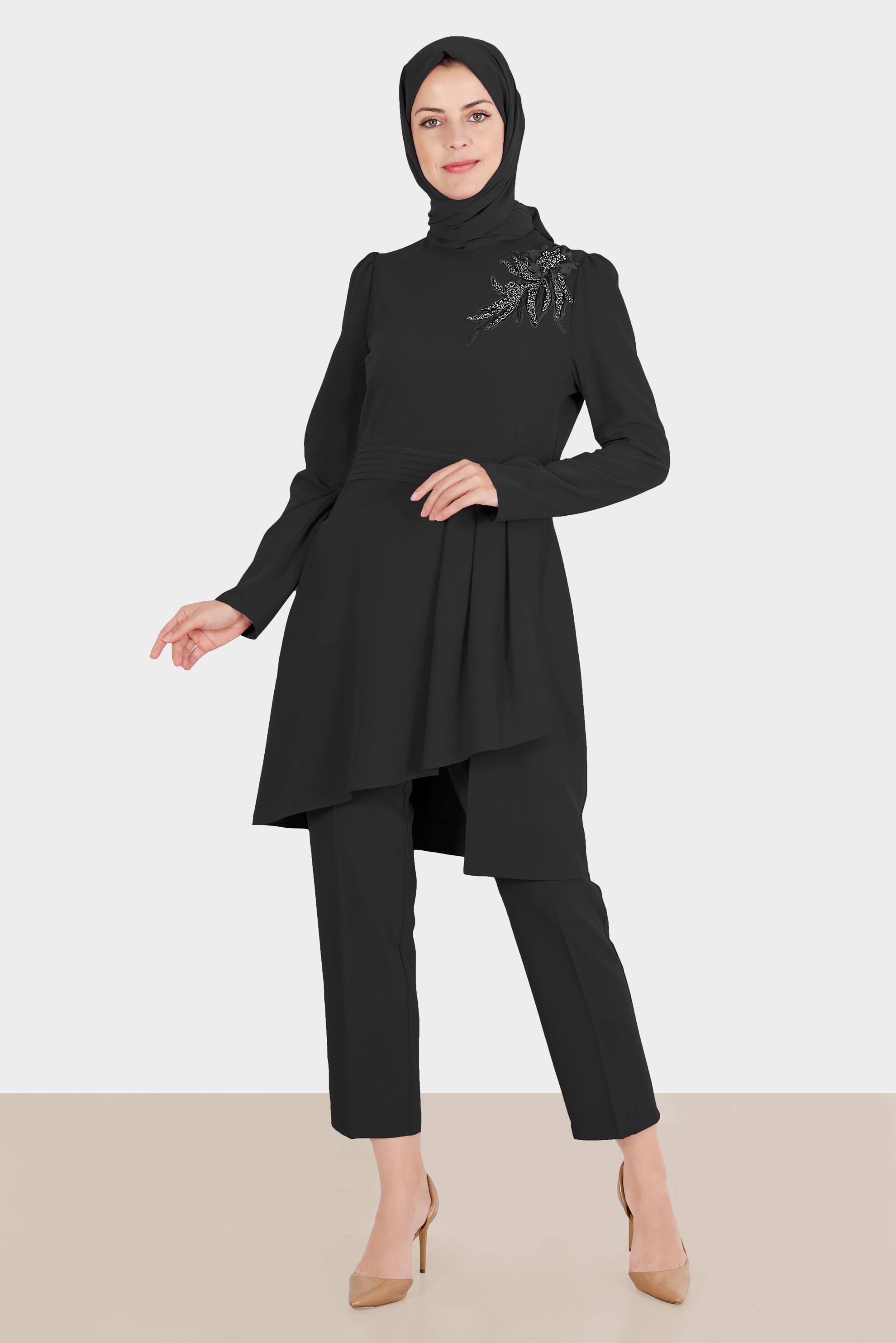 Hijab clothing BLACK ASYMMETRIC CUT 2-PIECE PANTS SUIT WITH GEM 30284 