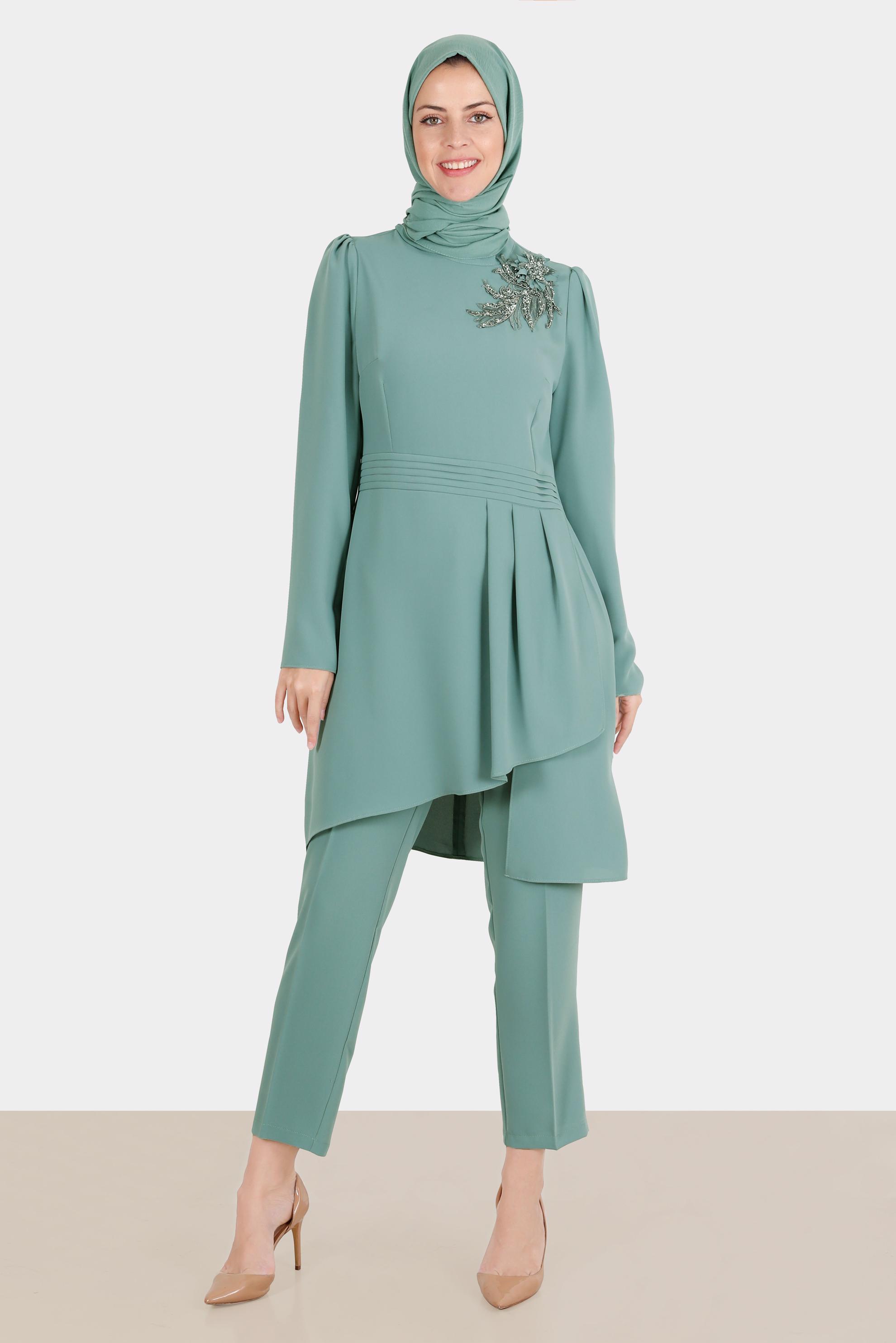 Tesettür giyim MAVİ TAŞLI ASİMETRİK KESİM İKİLİ PANT. TAKIM 30284 