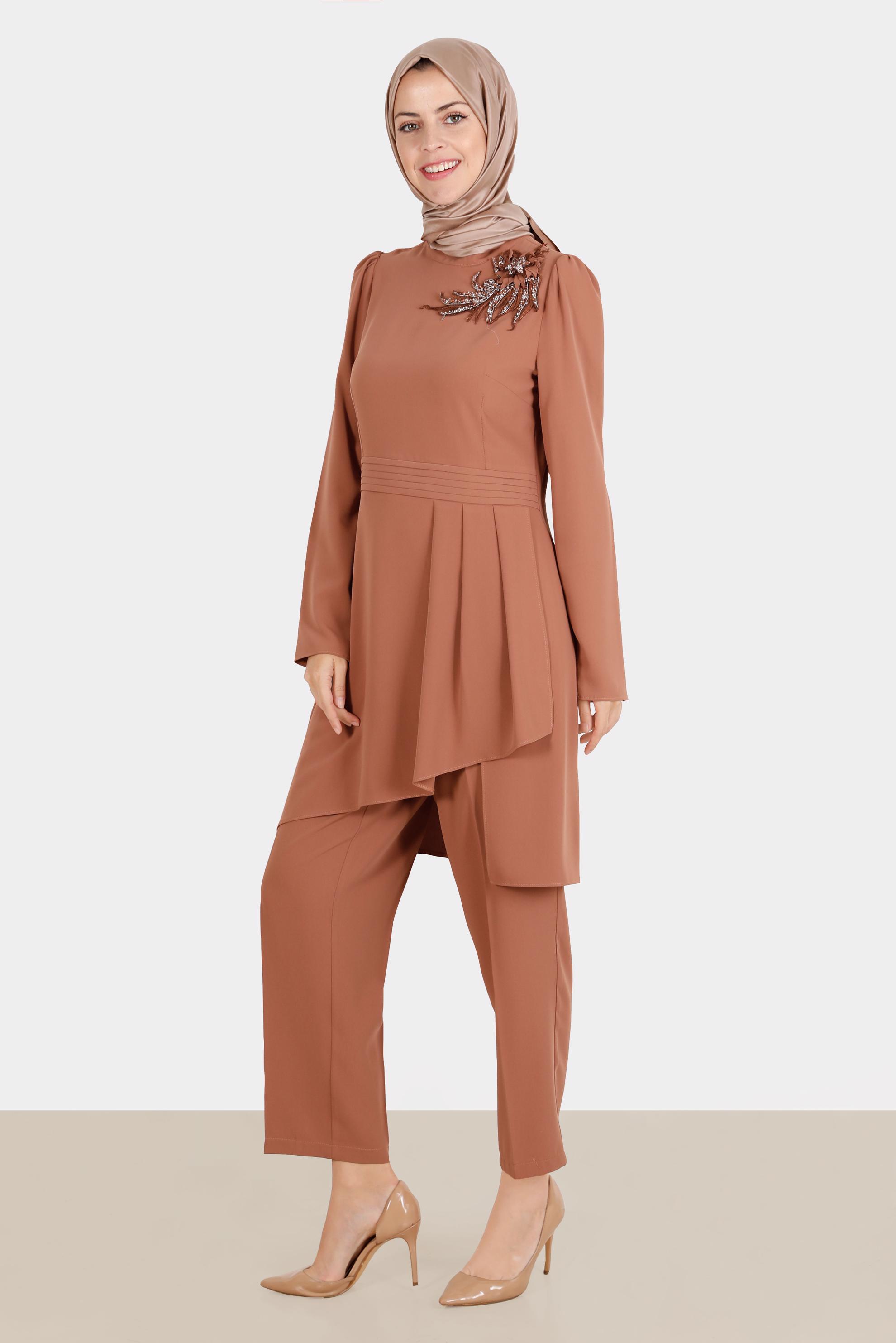 Tesettür giyim KAHVE TAŞLI ASİMETRİK KESİM İKİLİ PANT. TAKIM 30284 
