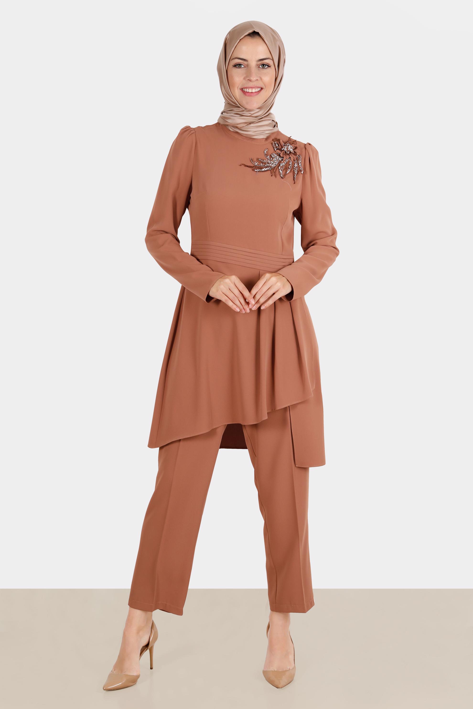 Tesettür giyim KAHVE TAŞLI ASİMETRİK KESİM İKİLİ PANT. TAKIM 30284 