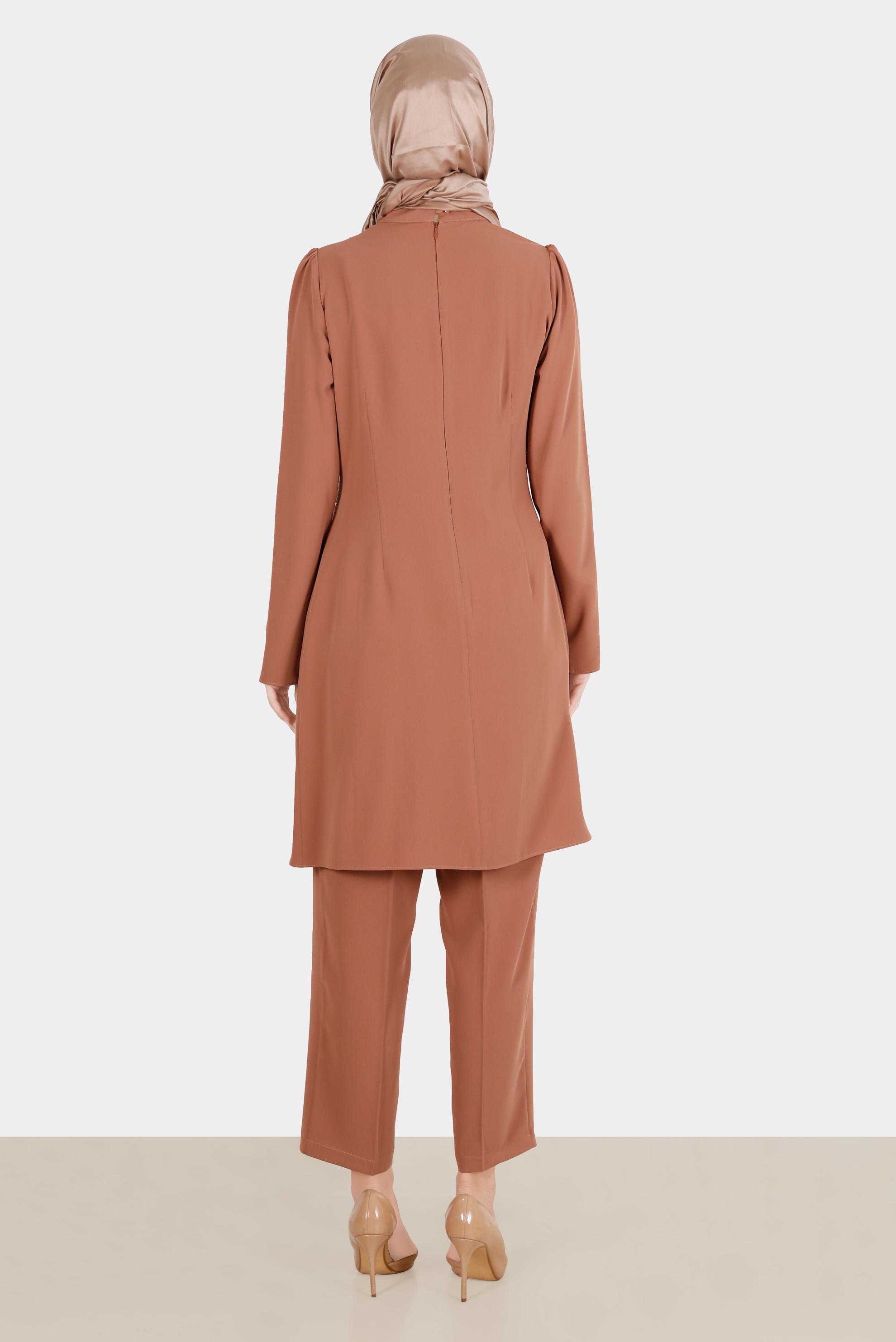 Tesettür giyim KAHVE TAŞLI ASİMETRİK KESİM İKİLİ PANT. TAKIM 30284 