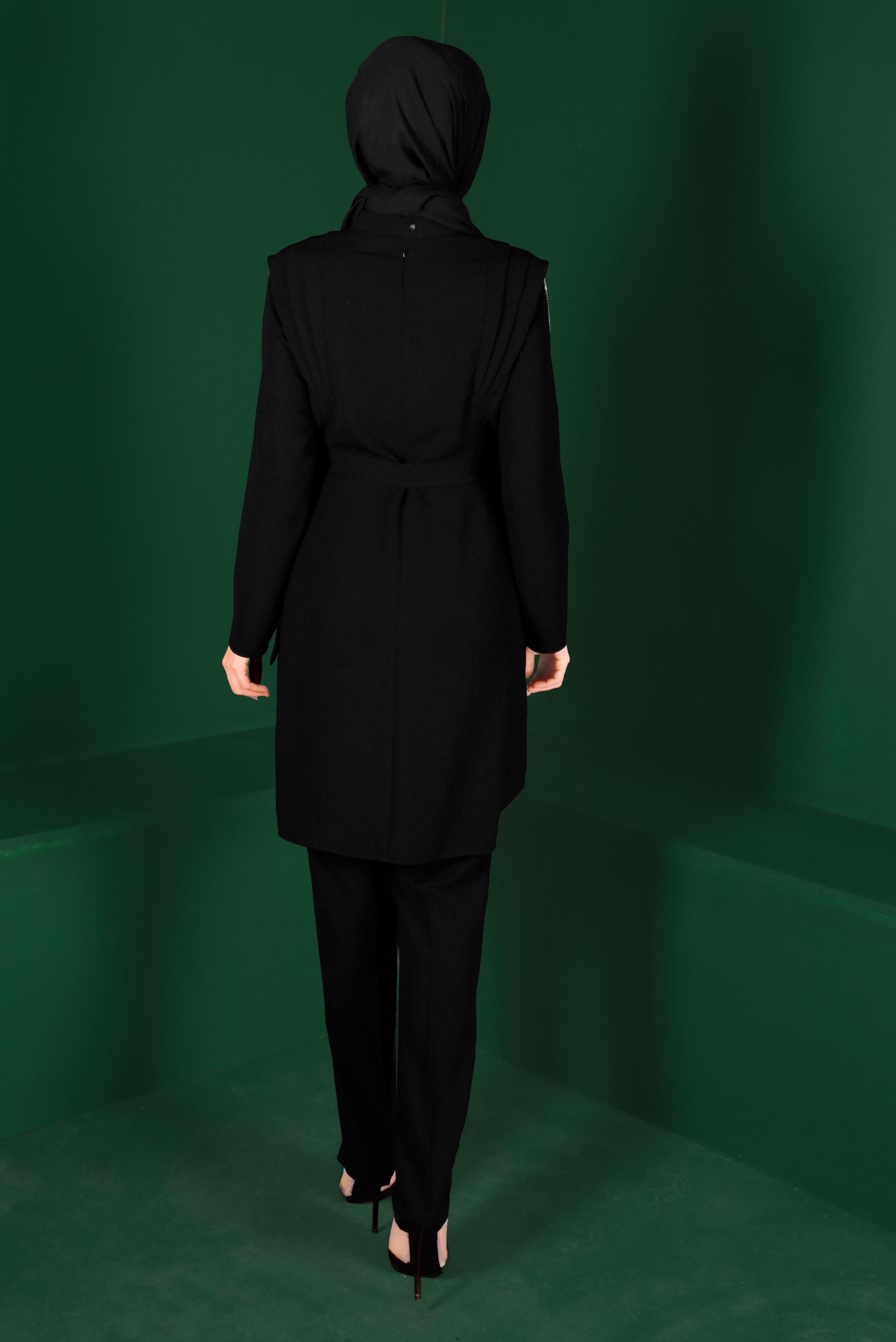 Tesettür giyim SİYAH TAŞLI PÜSKÜL DETAYLI KUŞAKLI İKİLİ PANT. TAKIM 30288 