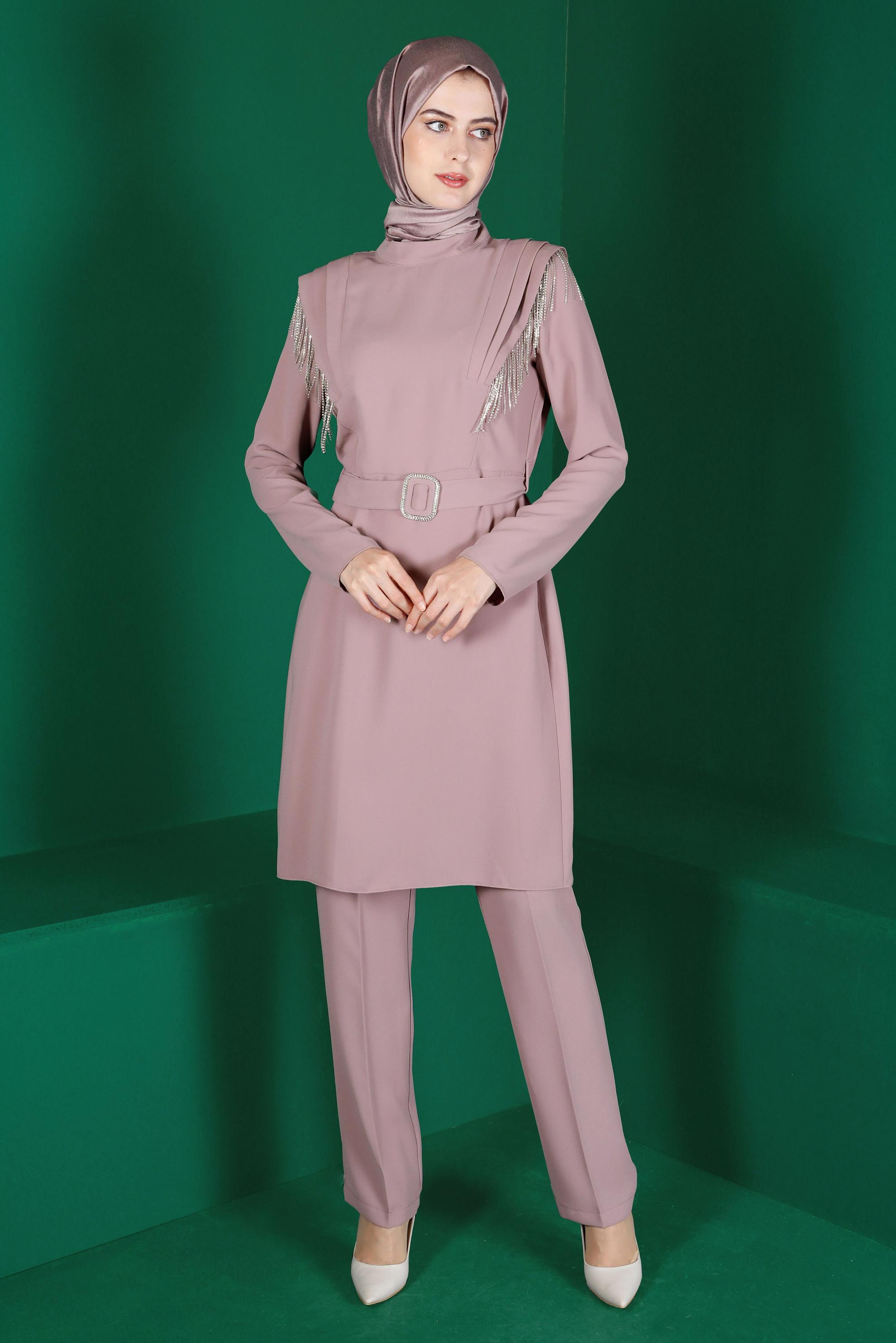 Tesettür giyim MOR TAŞLI PÜSKÜL DETAYLI KUŞAKLI İKİLİ PANT. TAKIM 30288 